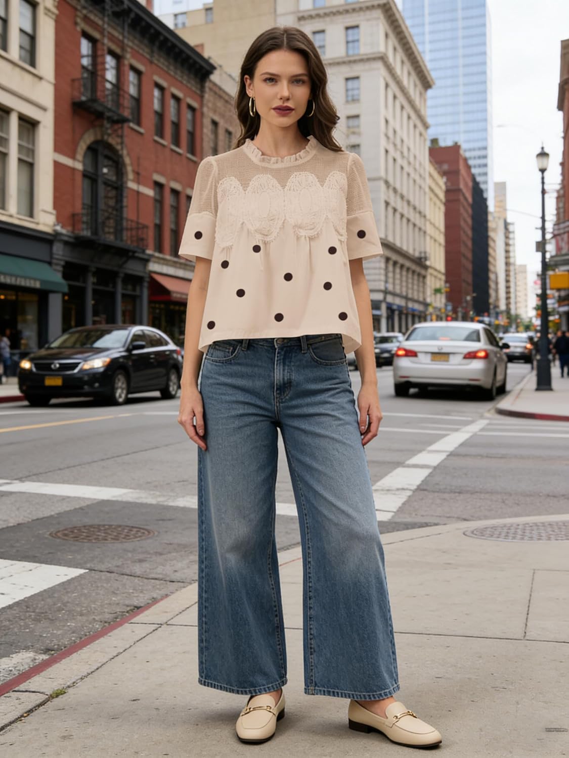 Women’s Lace Flared Short Sleeve Blouse Lace Poplin Ruffle Mesh Crew Neck Swing Babydoll Tops Elegant Loose Shirts - Image 4