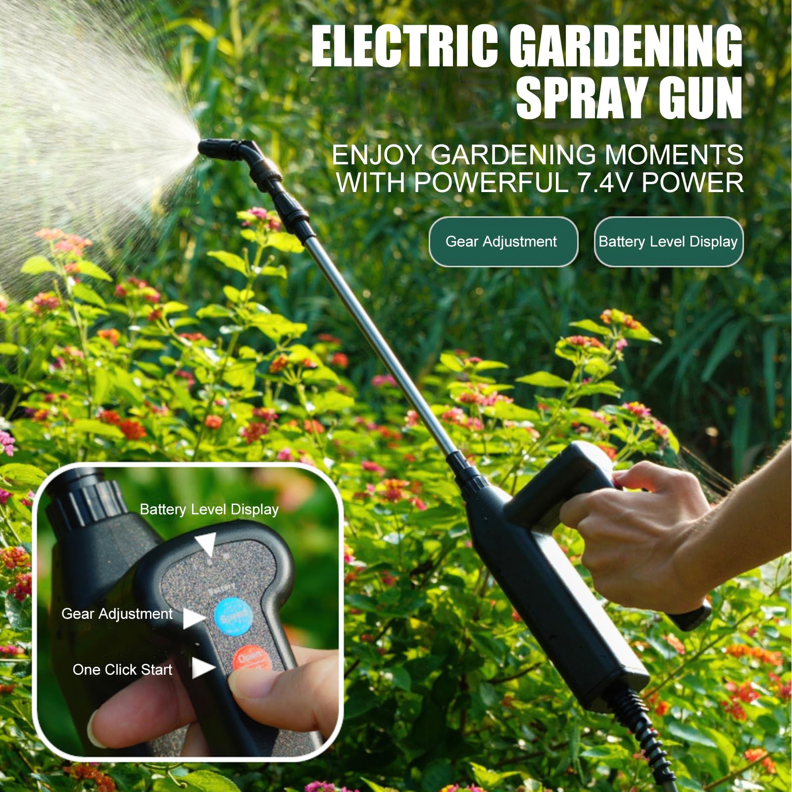 OBEST Spruzzatore Elettrico per Piante, 3 Livelli Regolabili Irroratore | Tubo da 5M e 4 Ugelli, Spruzzatore da Giardino Portatile per Patio, Prato e Autolavaggio con Indicatore di Batteria