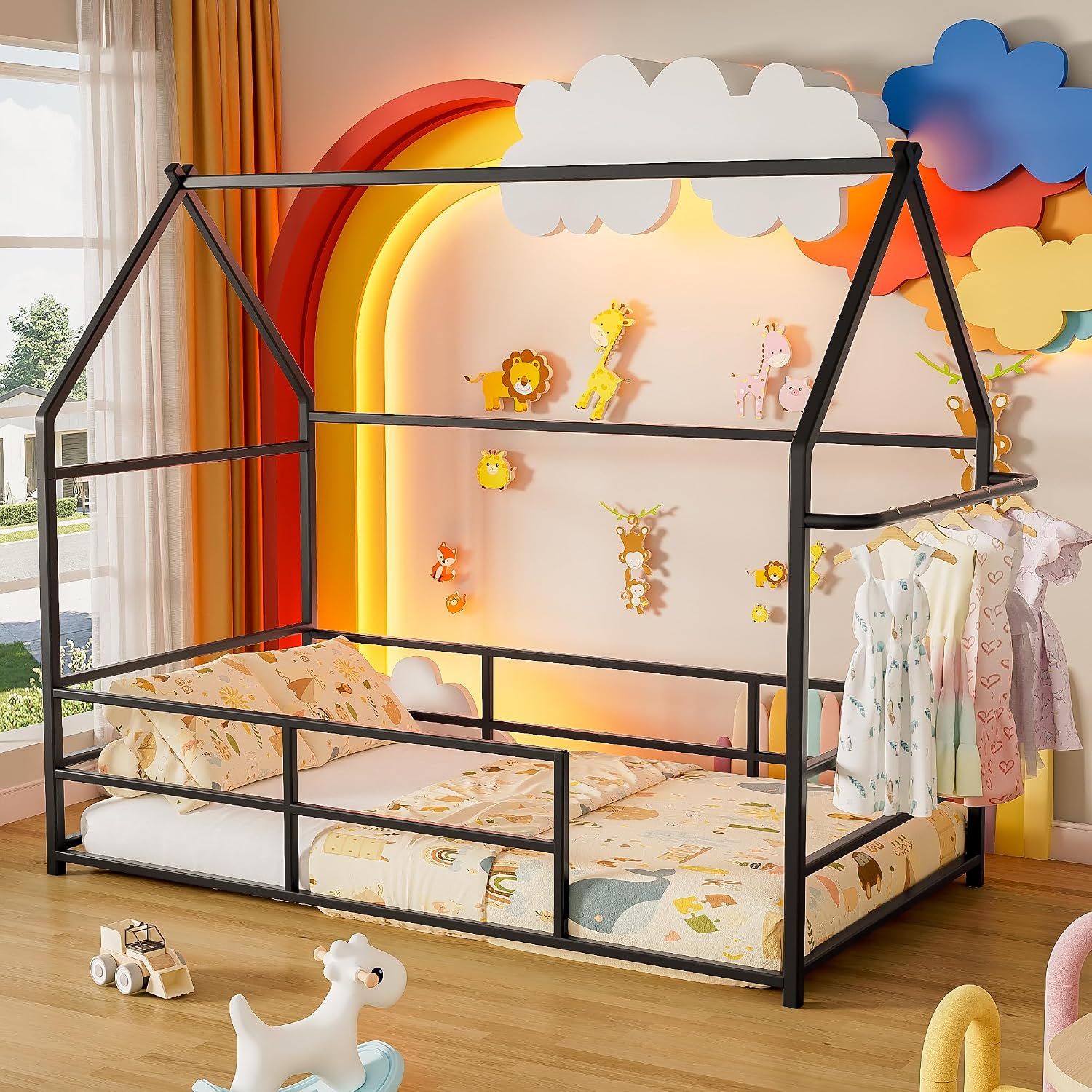 TOLEAD Twin Metal House Bed Frame with Clothing Rack, Montessori Floor Bed for Kids Toddlers, Sturdy Low Profile Playhouse Bed, No Box Spring Needed (White)