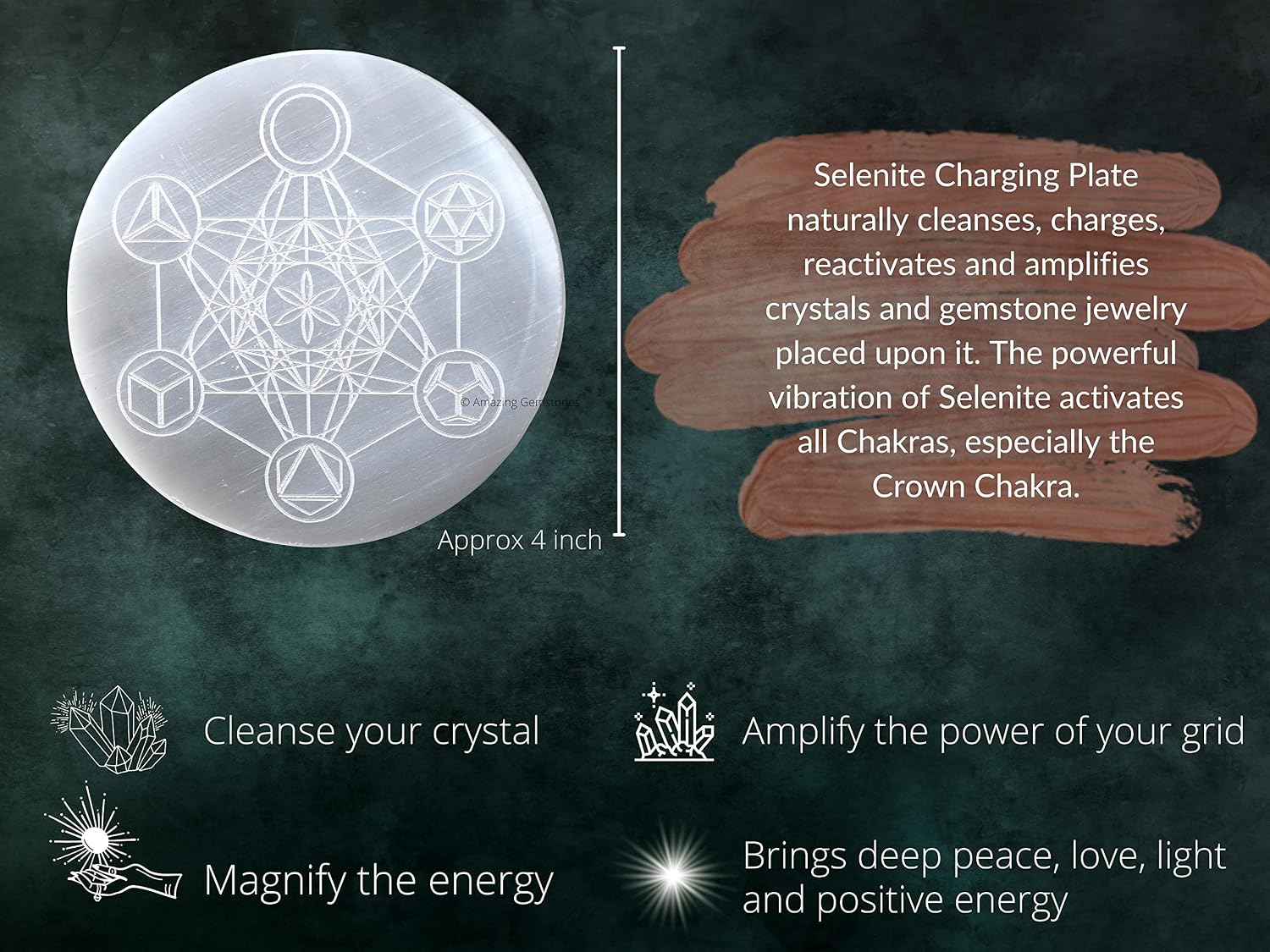 Selenite Crystal Charging Plate For Crystals And Healing Stones, 4" Selenite Crystal Plate Engraved Platonic Metatron Cube Coaster For Home Office Table Decor (Selenite Round Disc)
