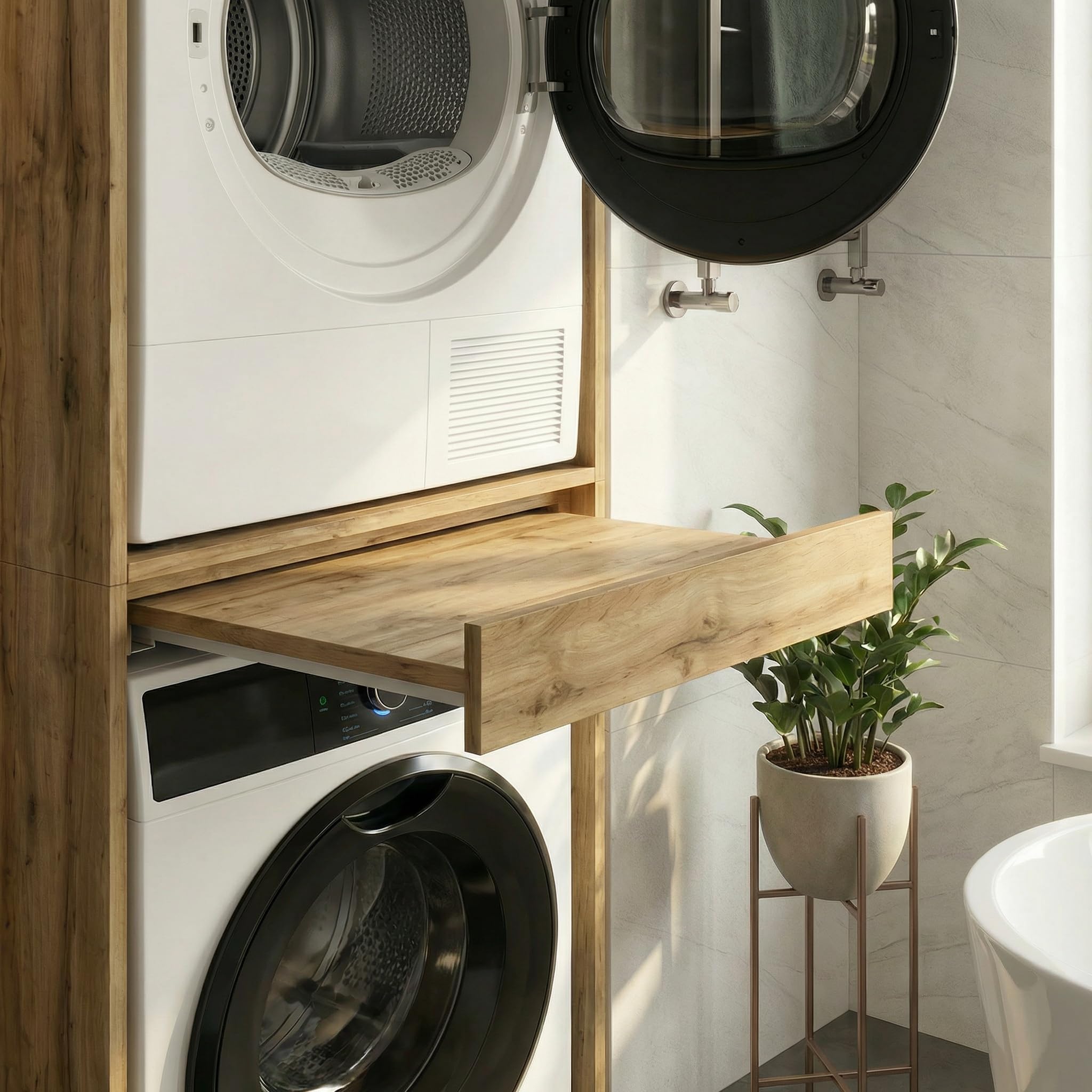 ModernHome Waschmaschinenregal für Waschmaschine und Trockner | Waschturm Schrank mit ausziehbarer Ablage | Waschraum Möbel | Eiche Wotan | Schrank für Waschküche mit Stauraum