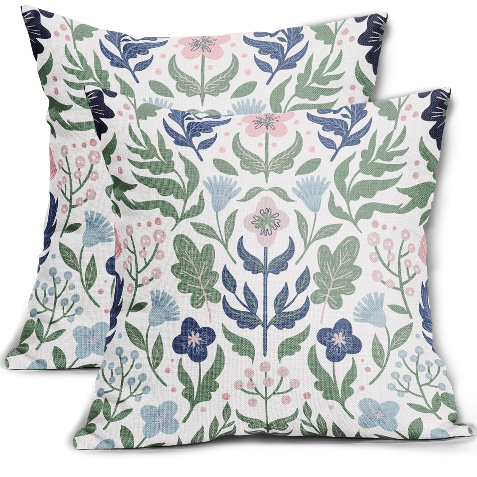 Blue Green Floral Pillow Covers 16x16 Set of 2 Navy Pink Sage Flower Flower Block Print Decorative Throw Pillowcases Outdoor Spring Summer Farmhouse