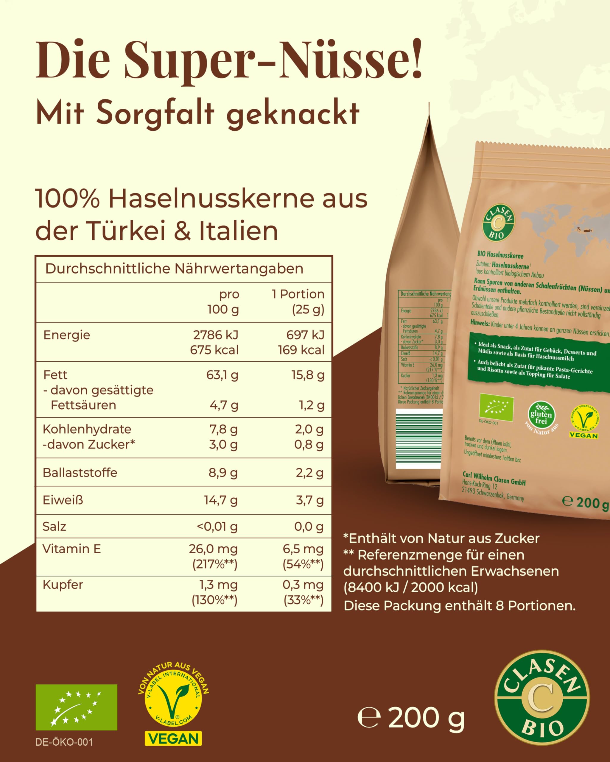 8x CLASEN BIO Haselnusskerne ohne Schale- 200g