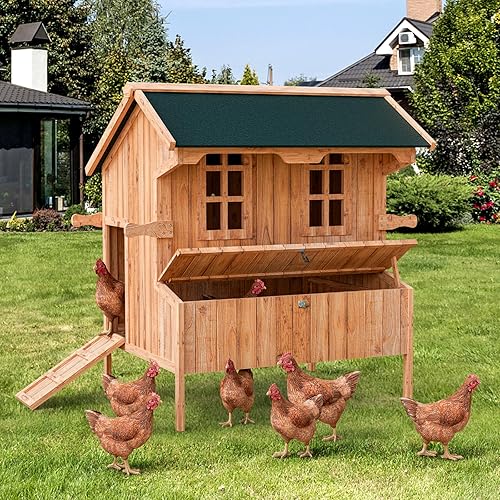 Wooden Chicken Coop for Outdoors - Waterproof Roof & Leak-Proof Pull-Out Tray, Large Hen House with Nesting Boxes, Easy Assembly for 2-4 Chickens, Ducks, Rabbits (1PC)