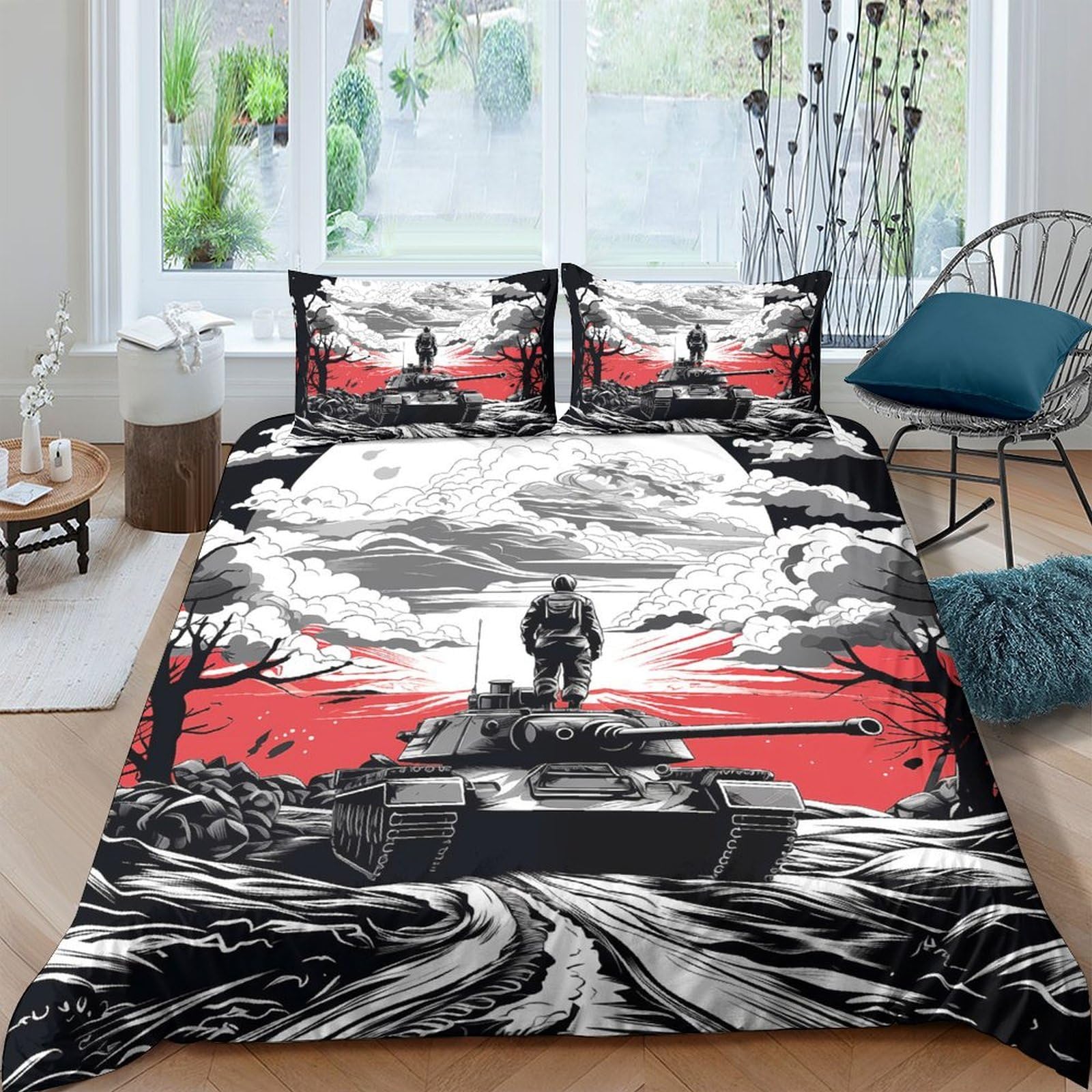 Ctjqhvkz Style-2 3D Printed War Tank Fitted Sheet Microfiber Black Red Battlefield Bed Cover For Bedroom Guest Room Decor Easy Care Single（135X200cm）