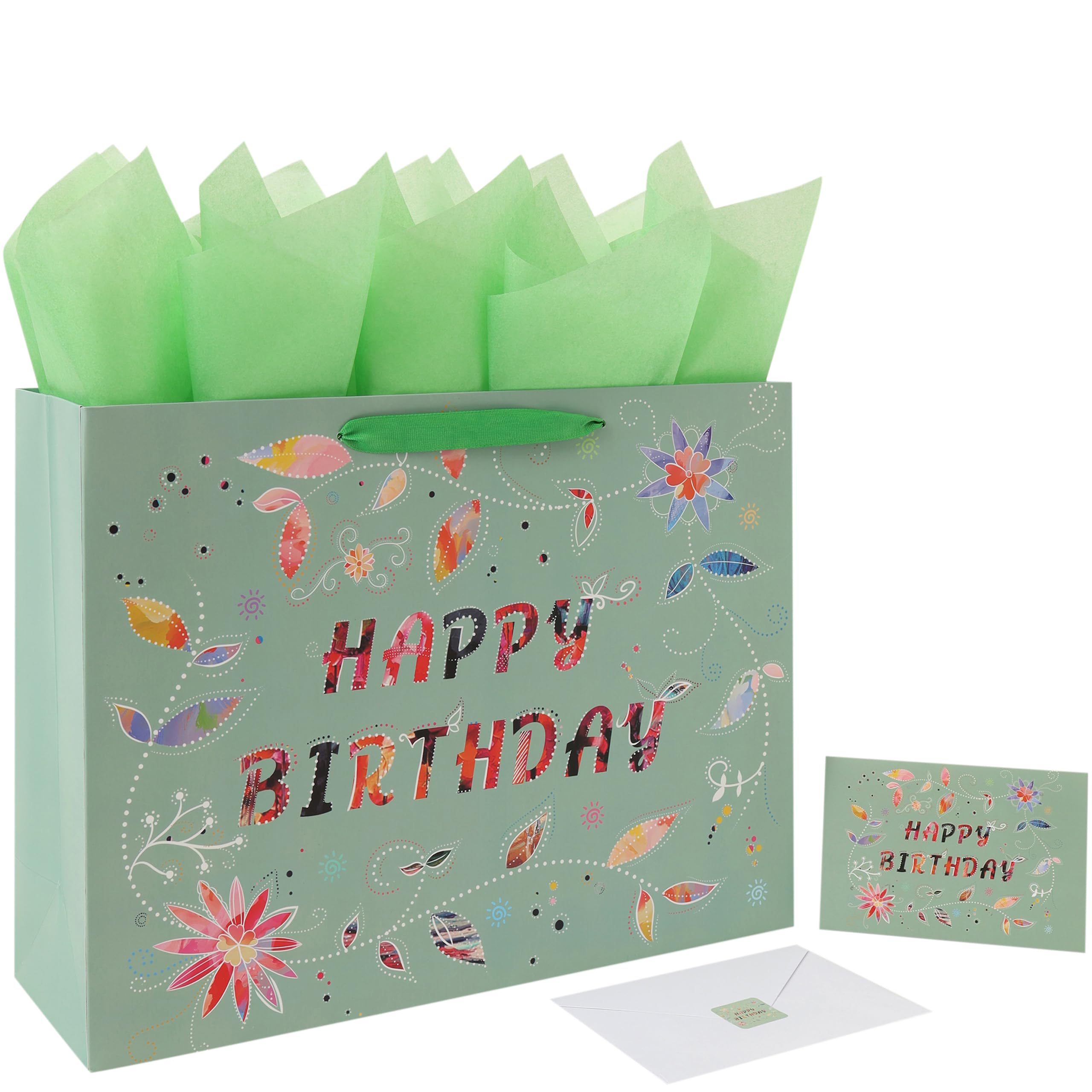 16.5” Extra Large Happy Birthday Gift Bag Set with Handles, Greeting Card, Tissue Papers and Stickers for Women Girls, Green Floral Design, 1 Pcs