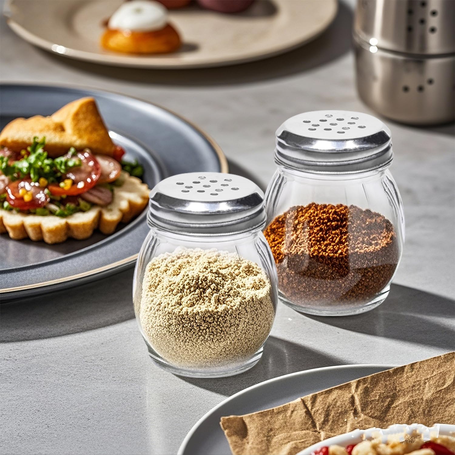 Coctelera de especias de 6 onzas con tapa de acero inoxidable, paquete de 20 coctelera de queso parmesano de vidrio con tapas ranuradas