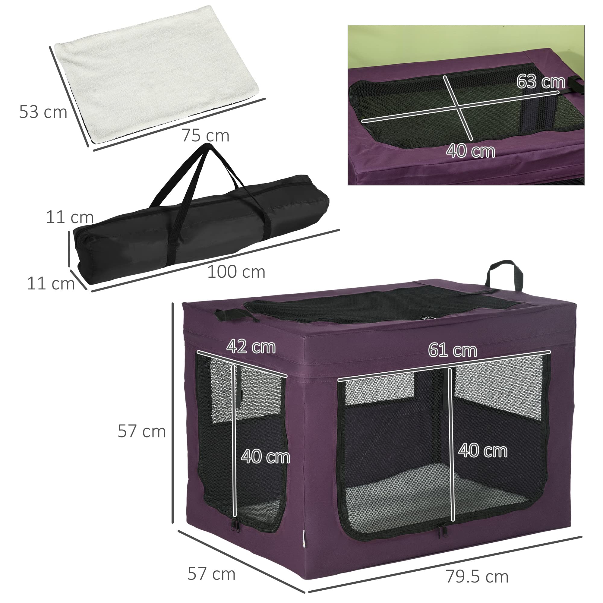 PawHut Torba podróżna dla zwierząt domowych, 80 cm, torba podróżna dla zwierząt domowych z poduszką, torba do przenoszenia, dla małych i średnich psów, fioletowa