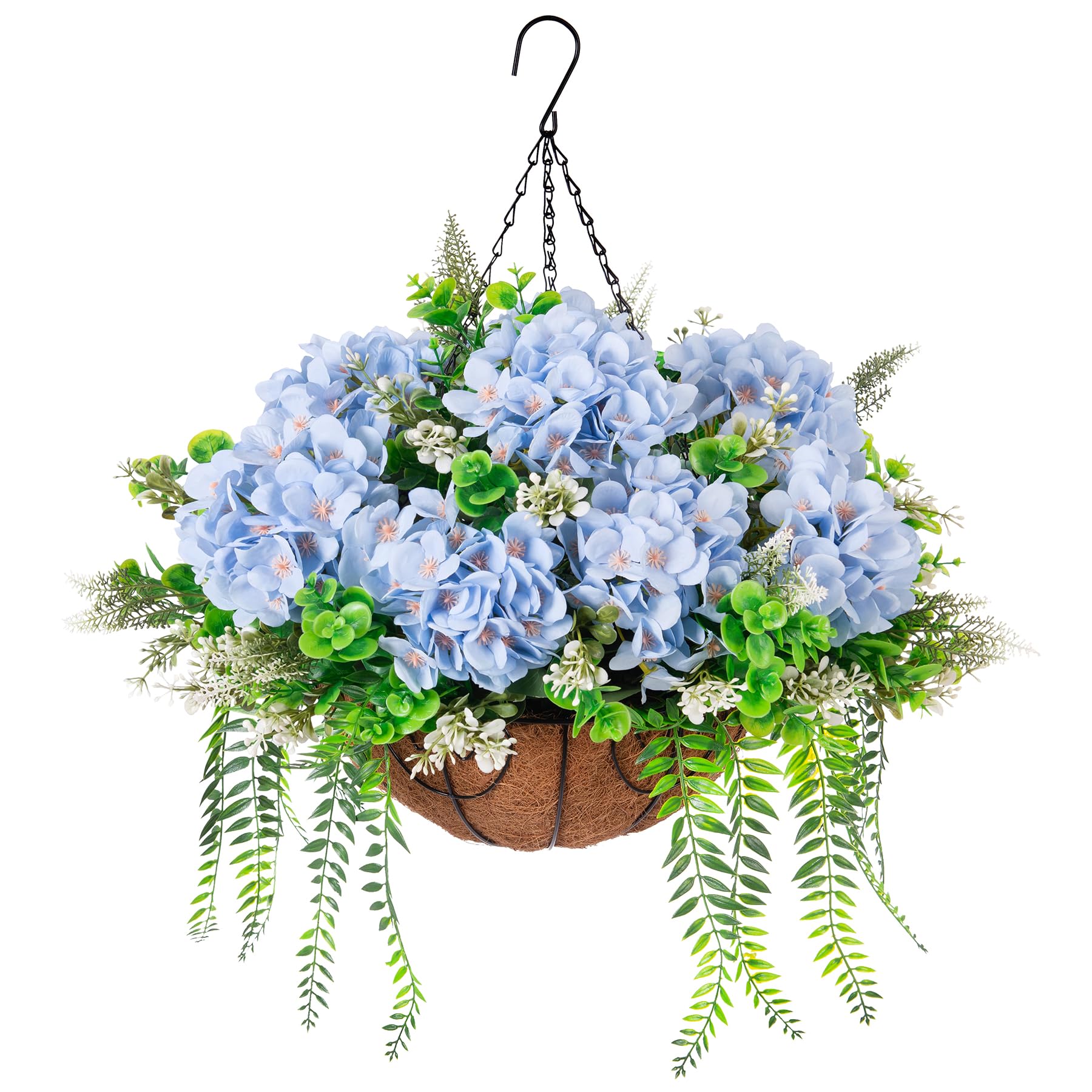 Ammyoo Artificial Hanging Hydrangea Flowers with Basket Blue