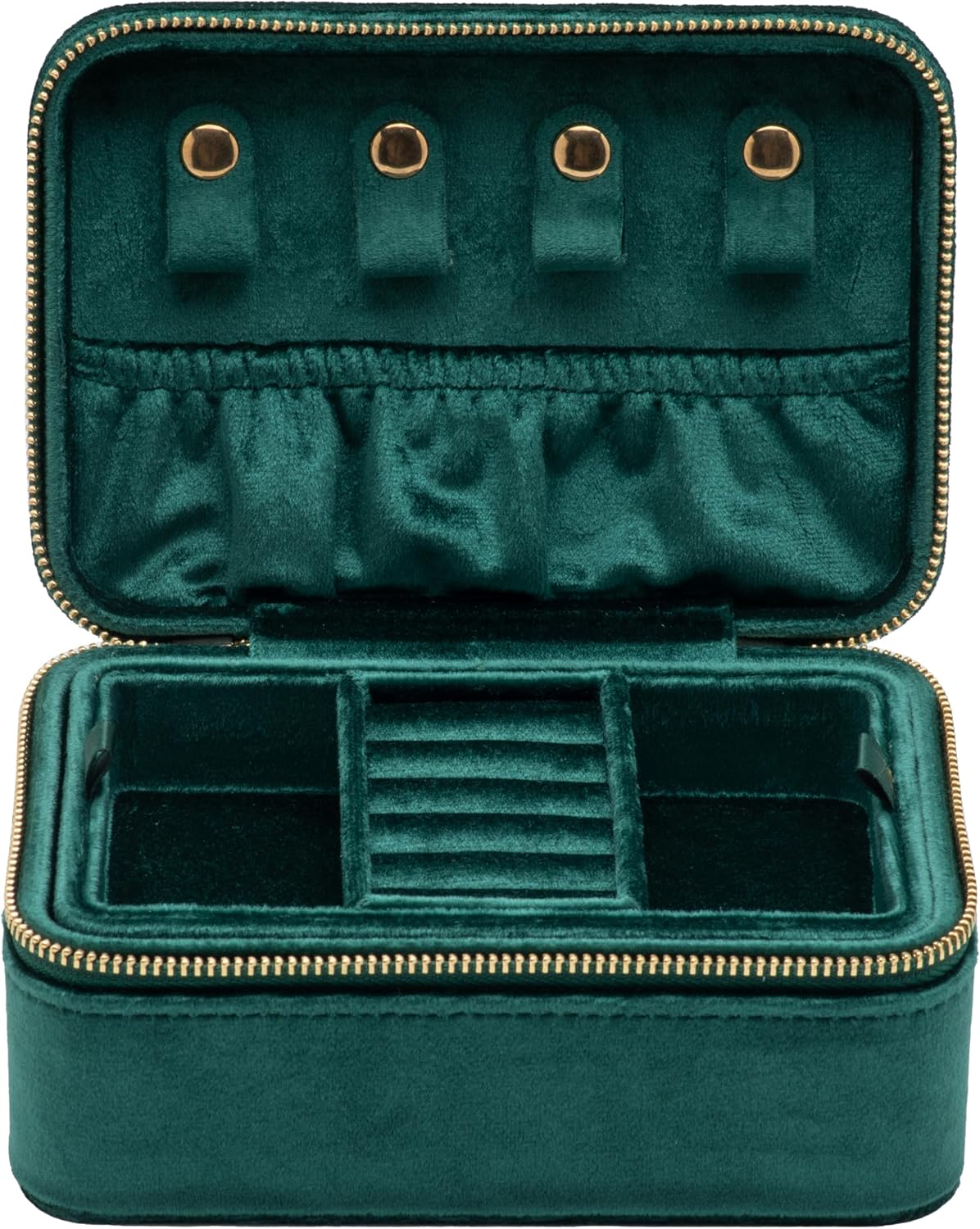 Velvet Travel Jewelry Organizer Box with Zipper Around Portable Accessory Display Tray Holder Storage Case for Multiple Earrings Rings Necklaces Bracelets (Green)