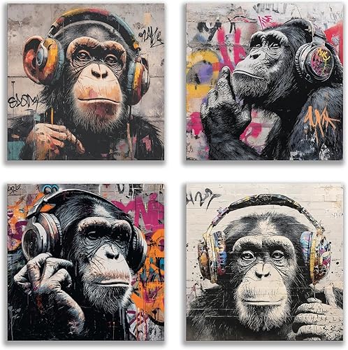 Sorbrozo Lienzo de mono con auriculares estilo graffiti urbano, arte de pared en blanco y negro con detalles coloridos, decoración moderna de arte