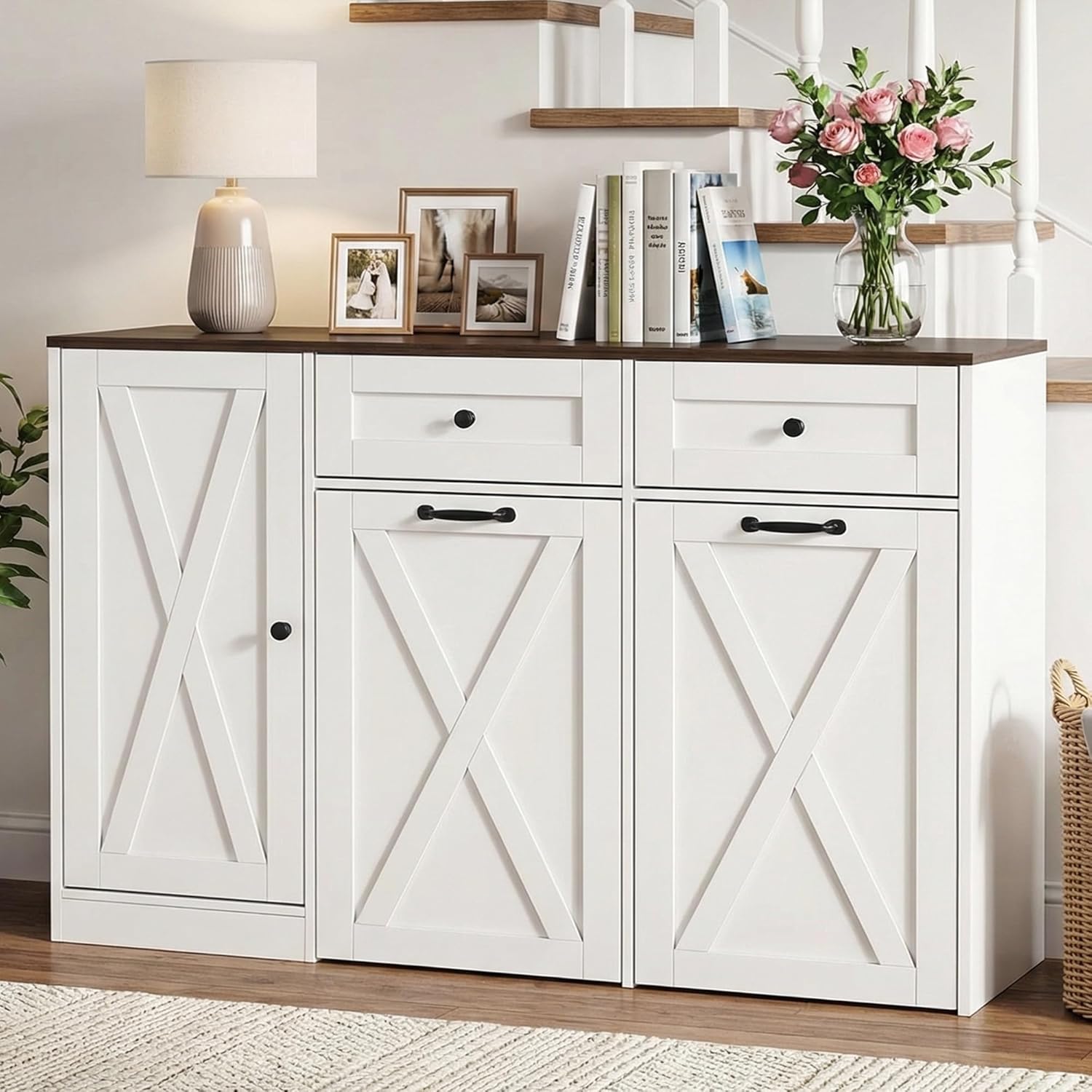 25 Gallon Kitchen Trash Can Cabinet with 2 Storage Drawers, 47" Farmhouse Sideboard Buffet Cabinet with Double Pull Tilt Out Trash Cans, Wooden Hidden Garbage Bin w/Storage for Living Room