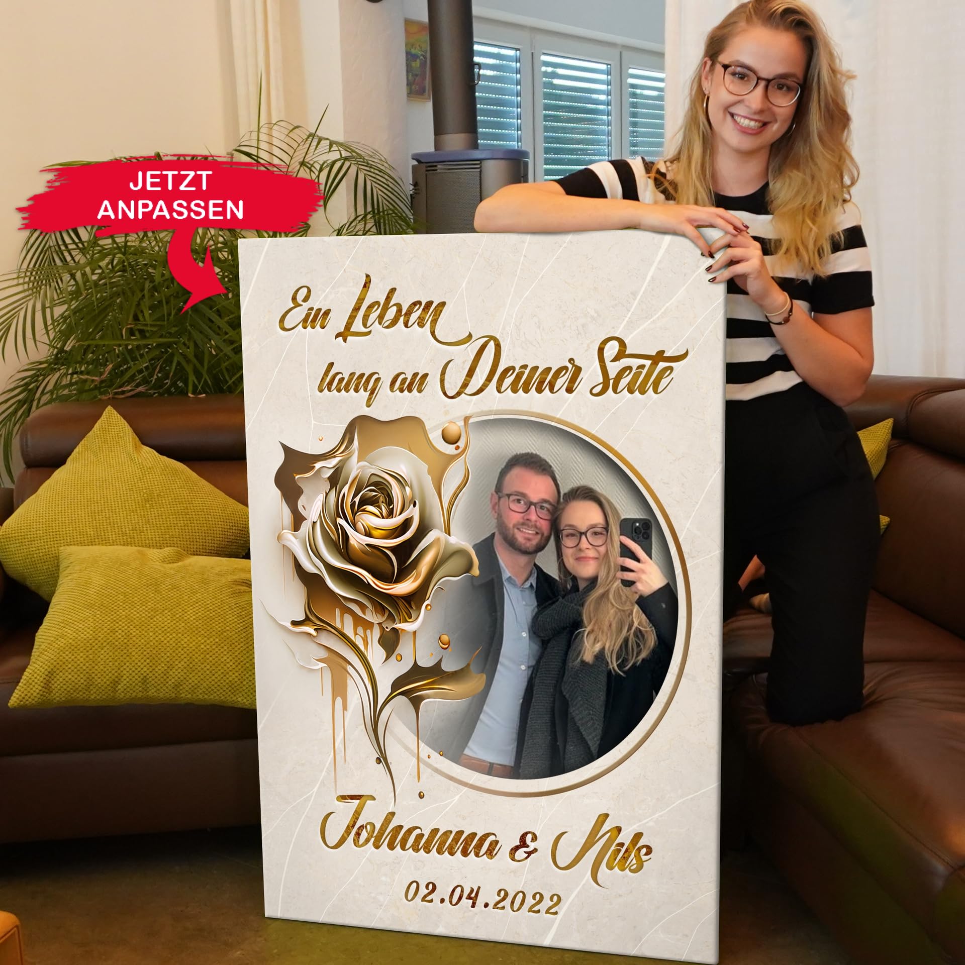Liebesleinwand Personalisiertes Foto-Leinwandbild gestalten | Ewige Goldblüte | Geschenk zum Jahrestag, Hochzeitstag, Verlobung, Hochzeit | Leinwandbild gestalten mit Foto, Namen und Datum