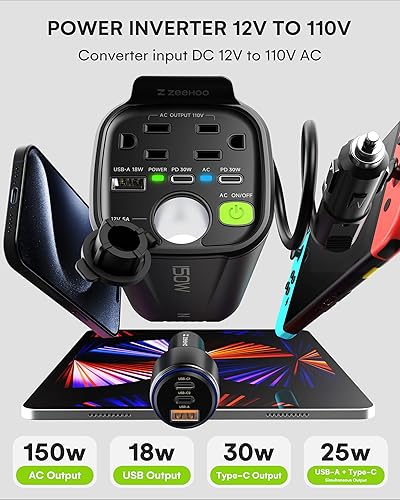 Miniatura 2 de Inversor de corriente para automóvil de 150 W, 12 V CC a 110 V CA Adaptador de enchufe de automóvil, convertidor de tomacorriente, con 2 salidas de