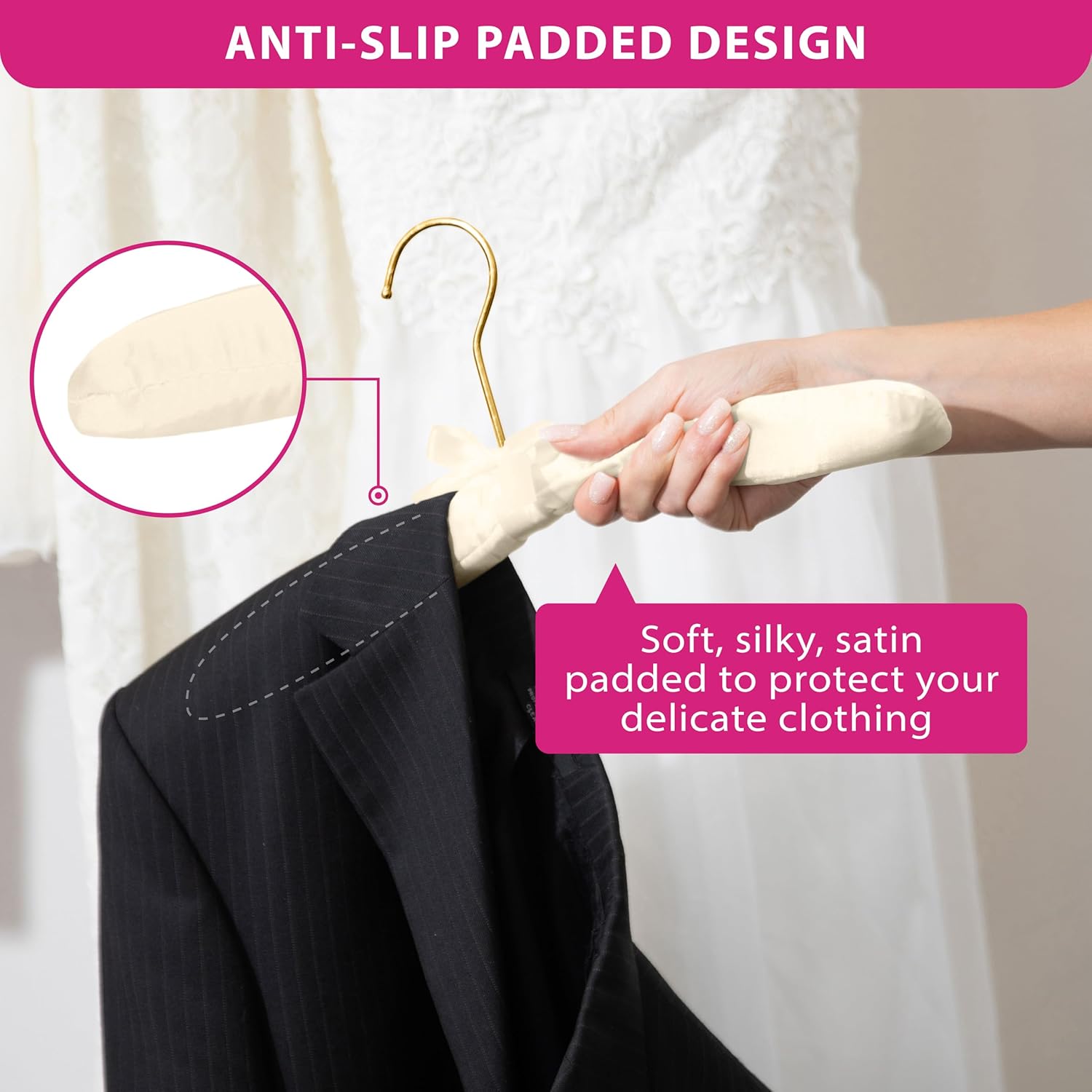 Premium Padded Hangers for Women’s Clothing - Set of 12 Non-Slip Fabric Hangers for Sweaters, Dresses, Coats, Wedding & Bride Hanger, Ivory