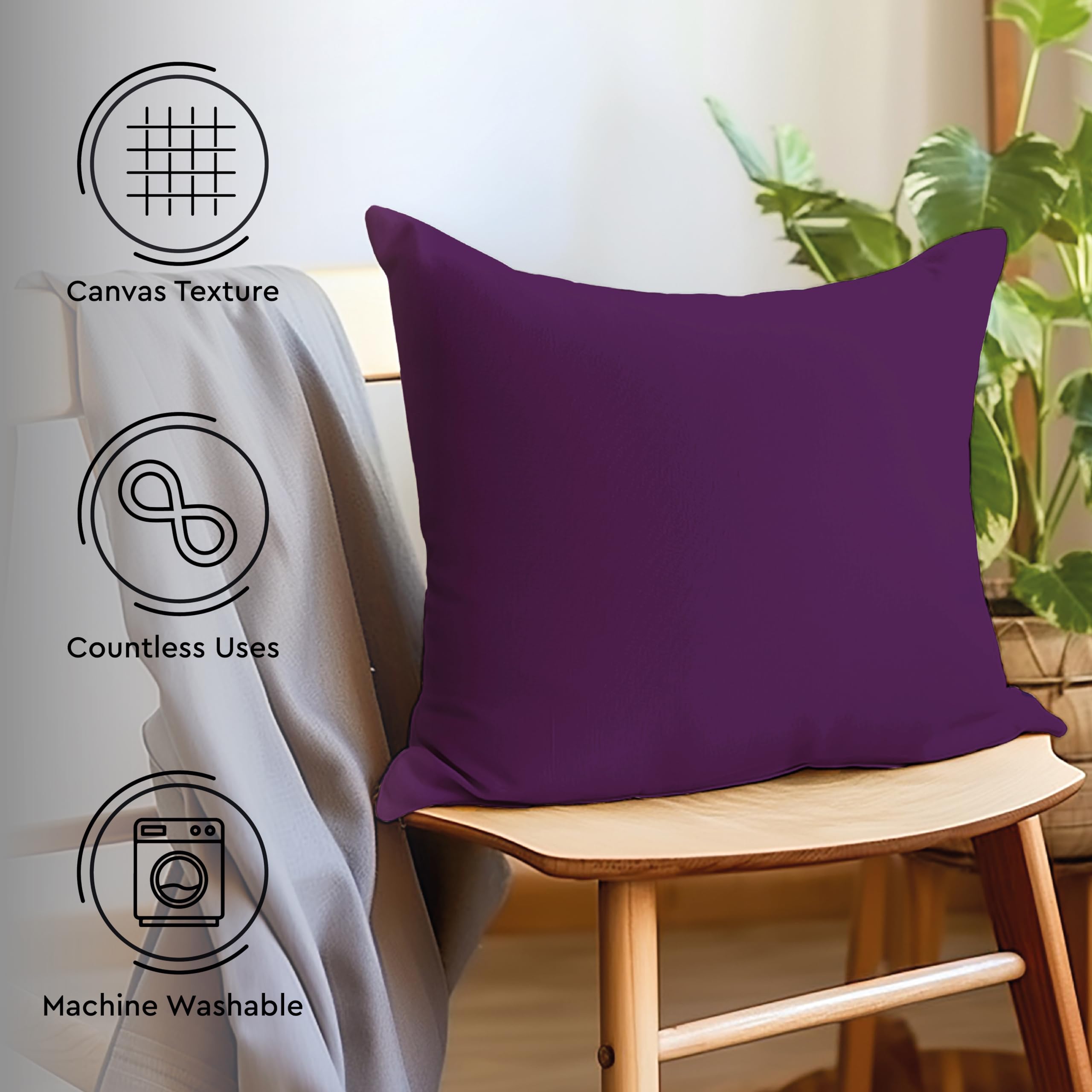 Encasa XO Cotton Throw Pillow Covers Set of 2 I 16x16 in (40x40 cm) - Purple I No Insert I Plain Square Pillowcases I Machine Washable - Image 3