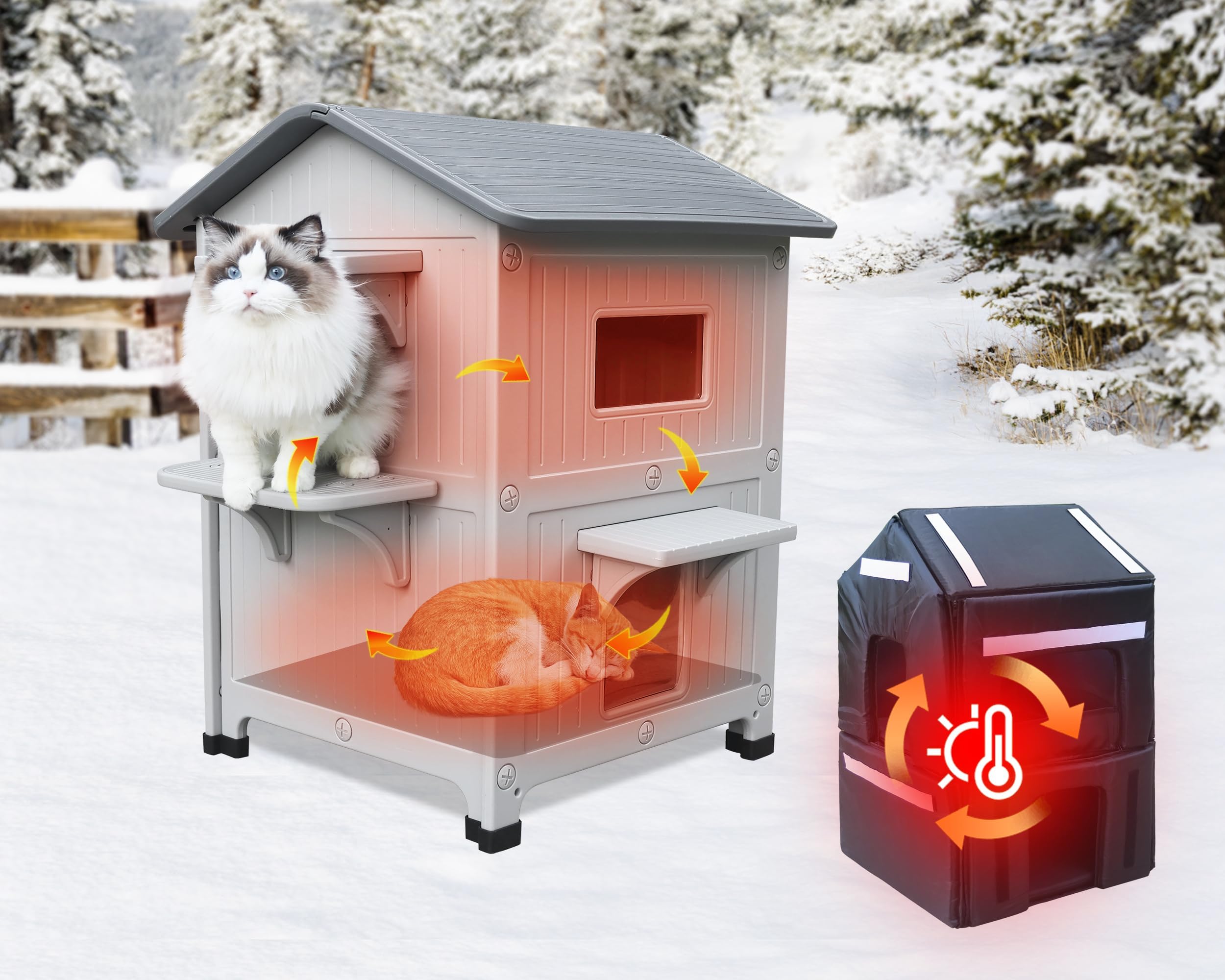 2 Story Cat House Outdoor with Insulated Lining, Outdoor Houses for Cats Plastic Outside Cat Shelter Weatherproof with Escape Door