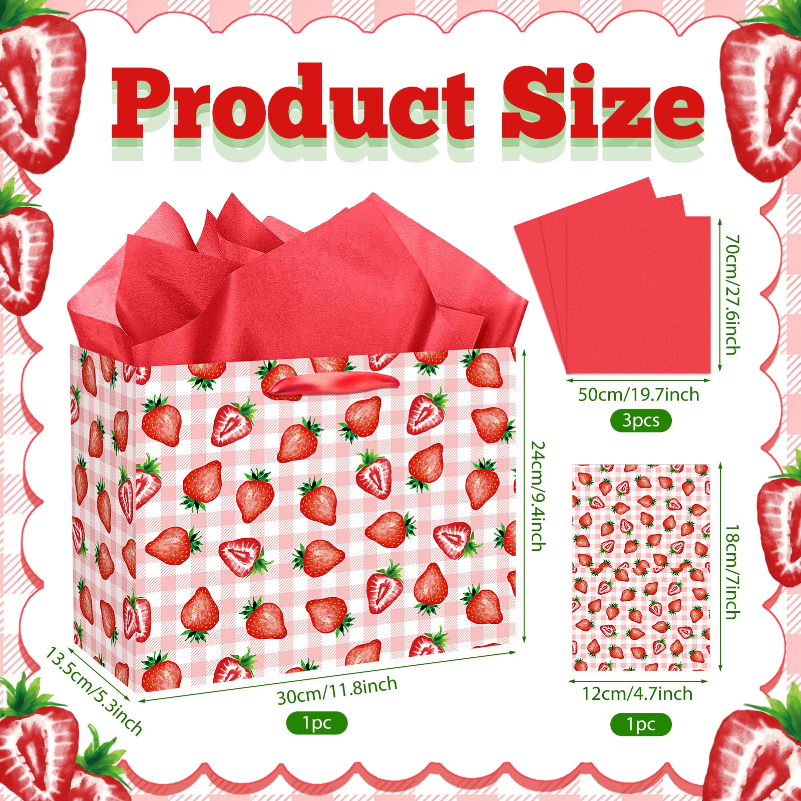 Strawberry Gift Bag with Red Tissue Paper & Card Pink Gingham Plaid Gift Wrapping Bag - Berry Sweet Theme Party Supplies for Women Teen Girls 1st Birthday, Baby Shower, Bridal Shower Summer Picnic