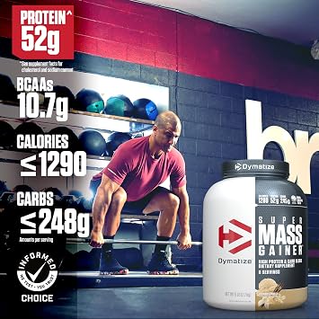 Dymatize Super Mass Gainer Protein Powder, Gourmet Vanilla, 52g Protein, 1g Creatine, 1280 Calories, 10.7g BCAAs, 245g Carbs, Contains Whey Protein Powder, Isolate, and Casein (8 Servings)