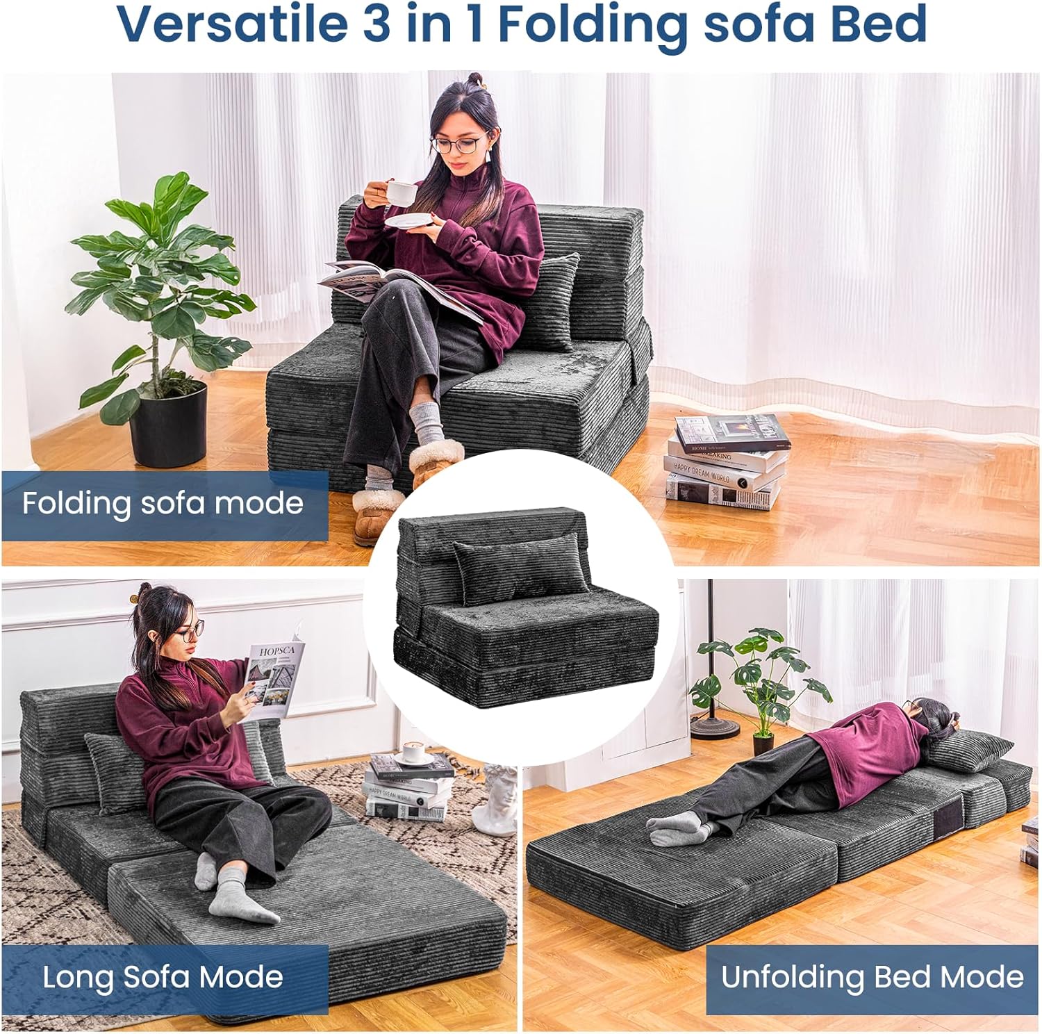 Folding Sofa Bed, Convertible Sleeper Chair with Pillow, High Density Memory Foam Fold Out Couch, Foldable Mattress Futon Sofa for Living Room/Dorm/Guest Use/Apartment/Home Office