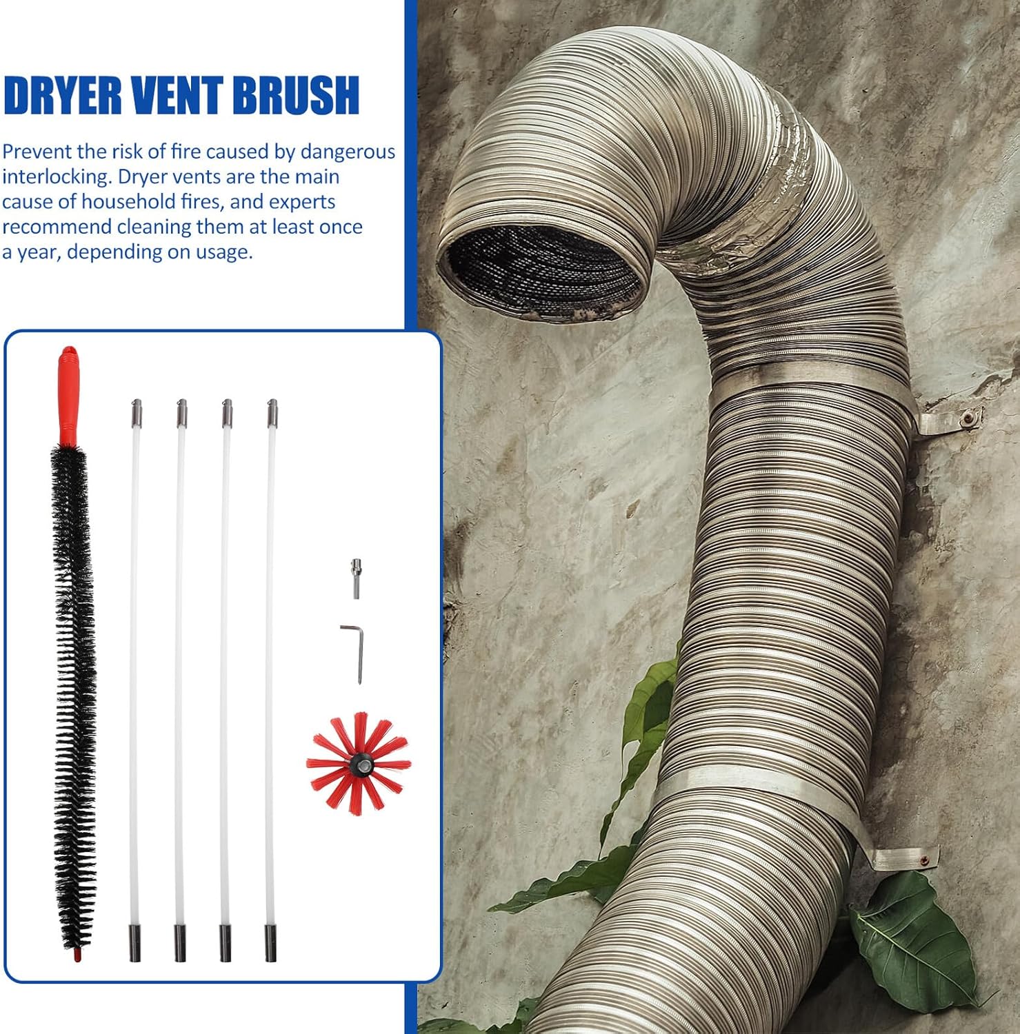 Luxshiny Fireplace Chimney Brush and Dryer Vent Cleaning Brush Set with 4 Flexible Extension Rods, Nylon Bristles, Drill Powered Lint Sweeping Tool for Home Vent and Duct Cleaning