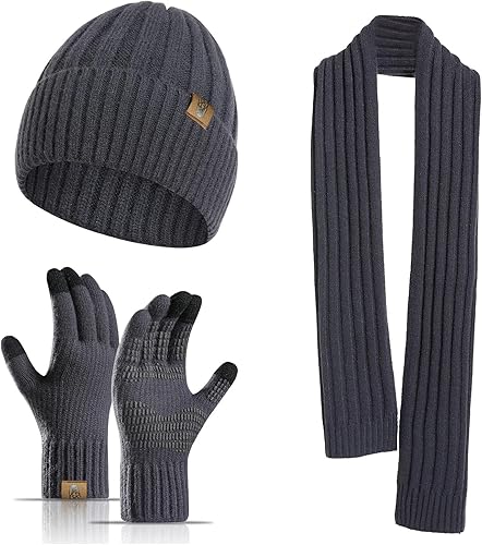 Honnesserry Bufanda de invierno para hombre con gorro y guantes para pantalla táctil, conjunto de guantes antideslizantes para hombre
