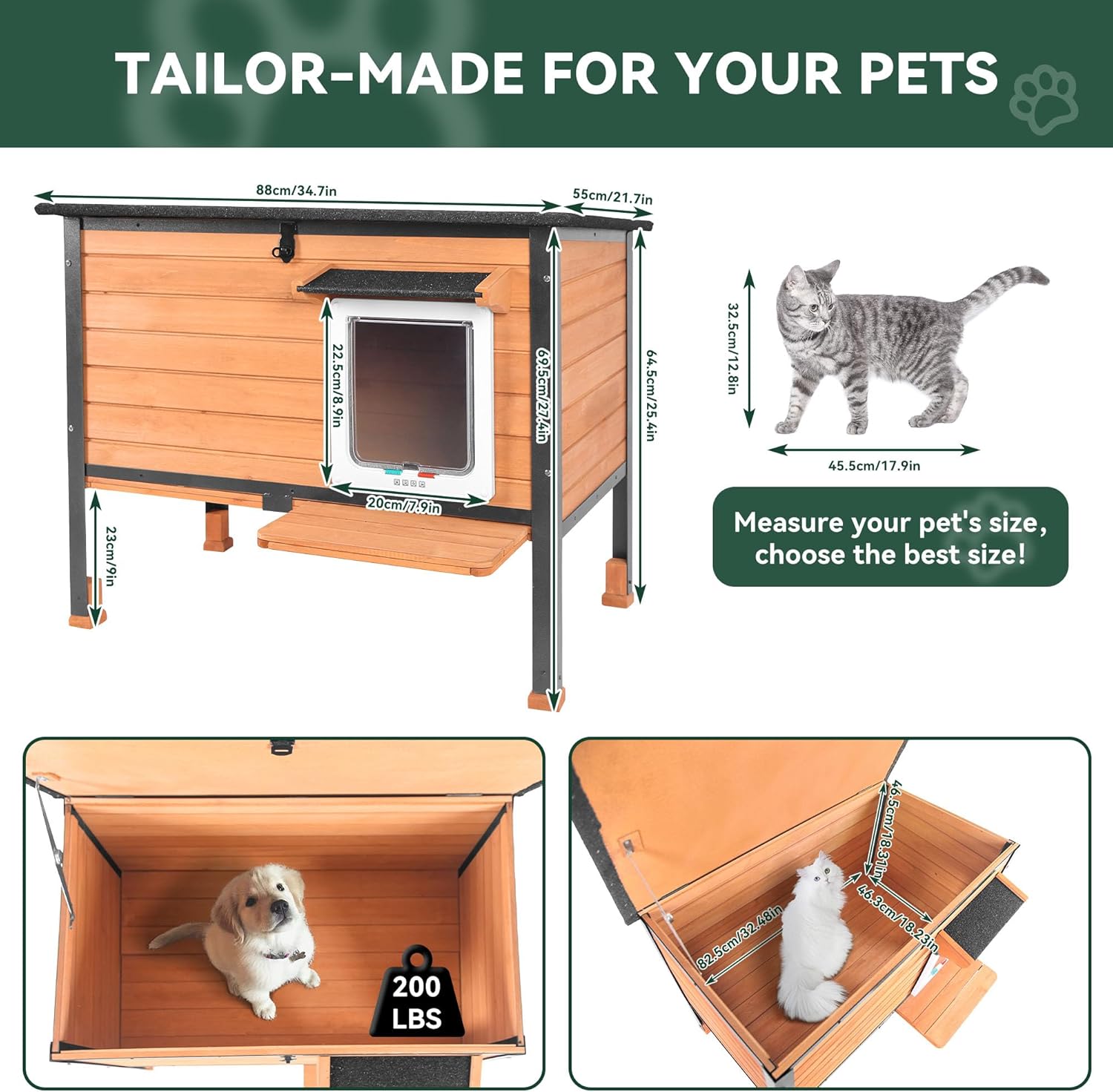 Outdoor Cat House Weatherproof, Large Wooden Feral Cat Houses with High-Leg Design, Adjustable Door, Balcony for Multiple Cats