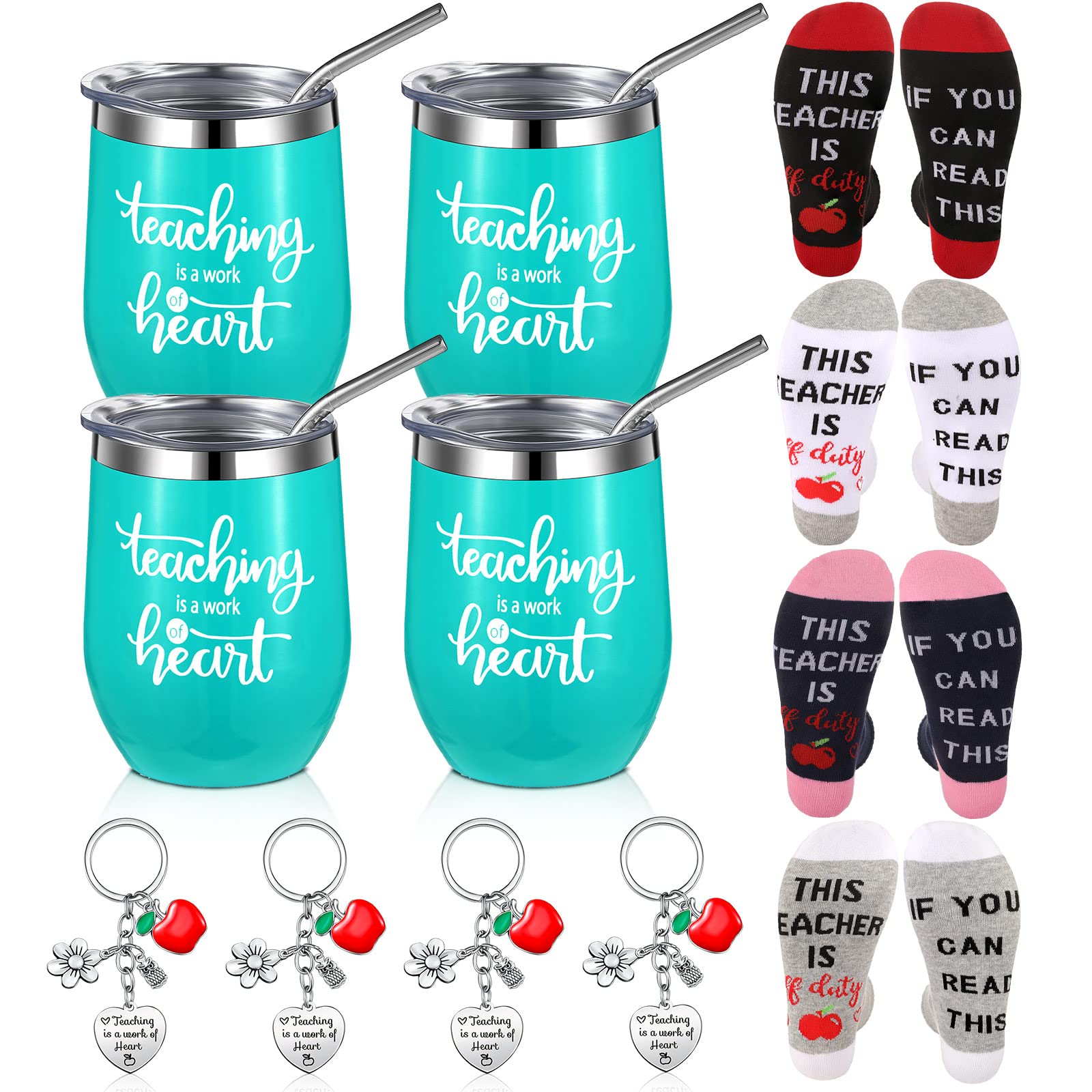 Yuxung 12 Pcs Christmas Teacher Appreciation Week Gifts Set Including 4 Appreciation Tumbler Mugs/Socks/Keychains Gifts for Women Nurse Teachers' Day