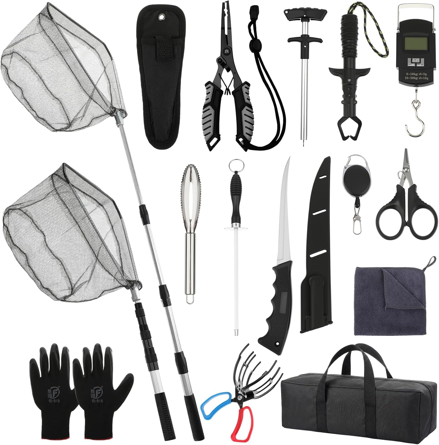 Ceenna 14 Pcs Fishing Tool Kit, Fishing Pliers, Retractable Landing Net, Lip Gripper, Fillet Knife, Digital Scale, Hook Remover, Scaler, Braid Scissors, Sharpener, Tool Retractor, Towel, Gloves, Bag