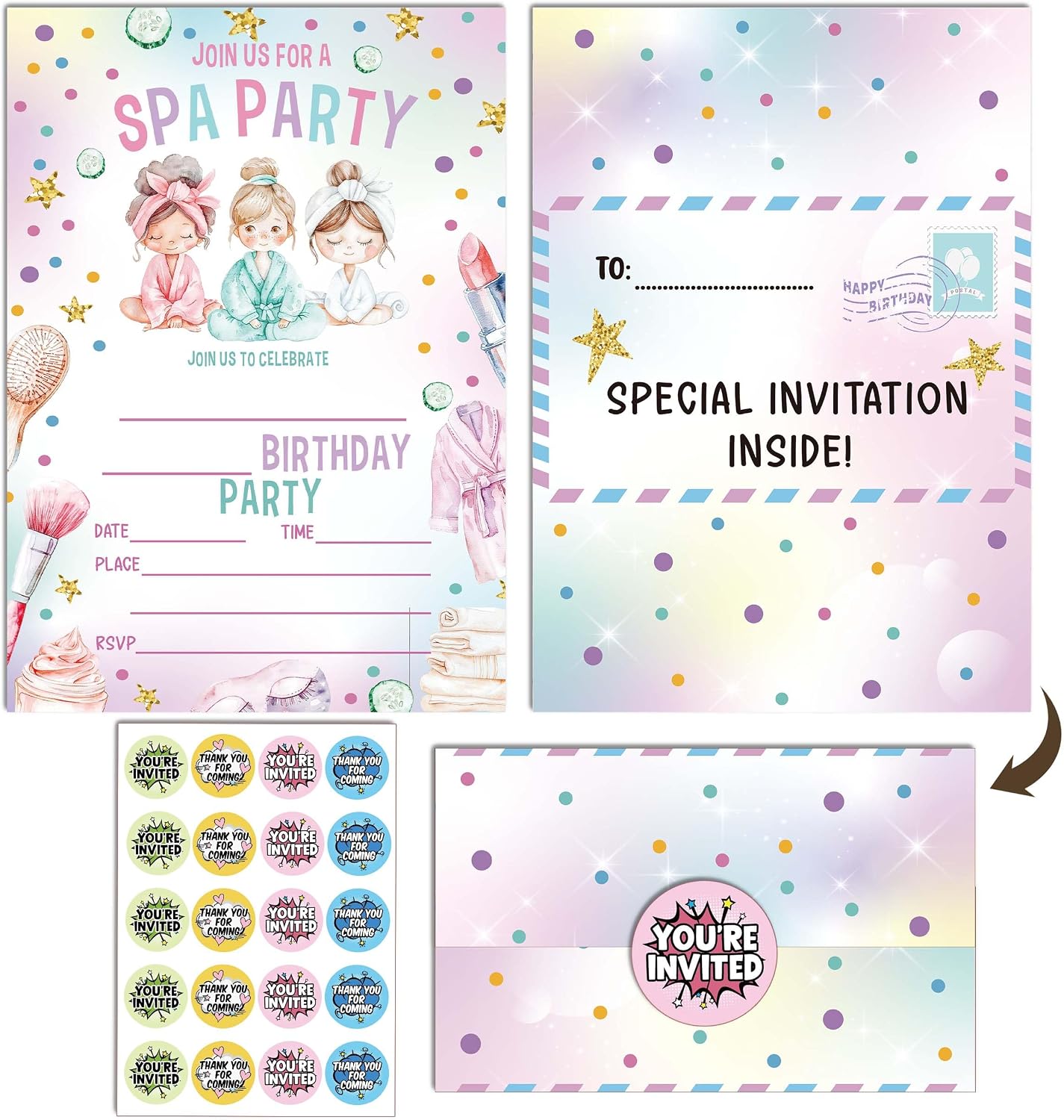 Girls Birthday Invitations, 5x8 inches, 20 pcs Spa Theme Birthday Invite with Stickers, Fill In Style, Foldable Envelope Design