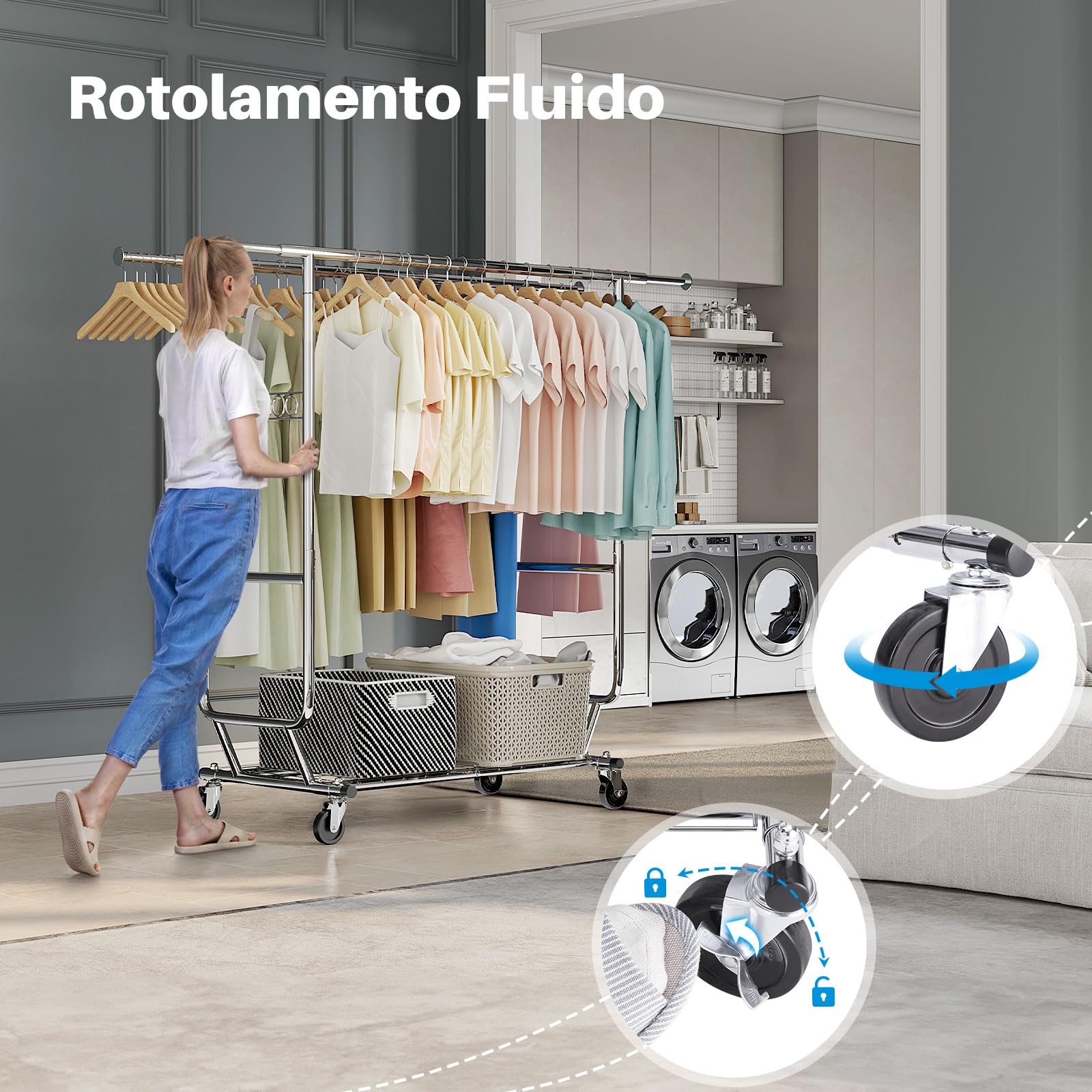 HOKEEPER Appendiabiti da Terra Resistente a Doppia Barra con Ruote, 295kg, con Ripiano Inferiore, Estensibile - Ideale per Camera da Letto, Boutique, Lavanderia, Argento