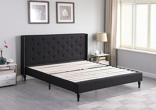 Miniatura 14 de Base de cama de plataforma tapizada Queen con cabecera de 45 pulgadas y base ajustable, cama de lino copetuda con botones, soporte de listones de