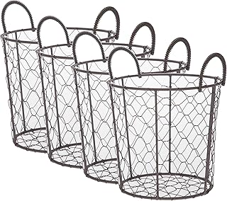 4-Pack Small Brown Chicken Wire Storage Baskets with Handles - Farmhouse Style Handmade Iron Round Bins for Indoor Use