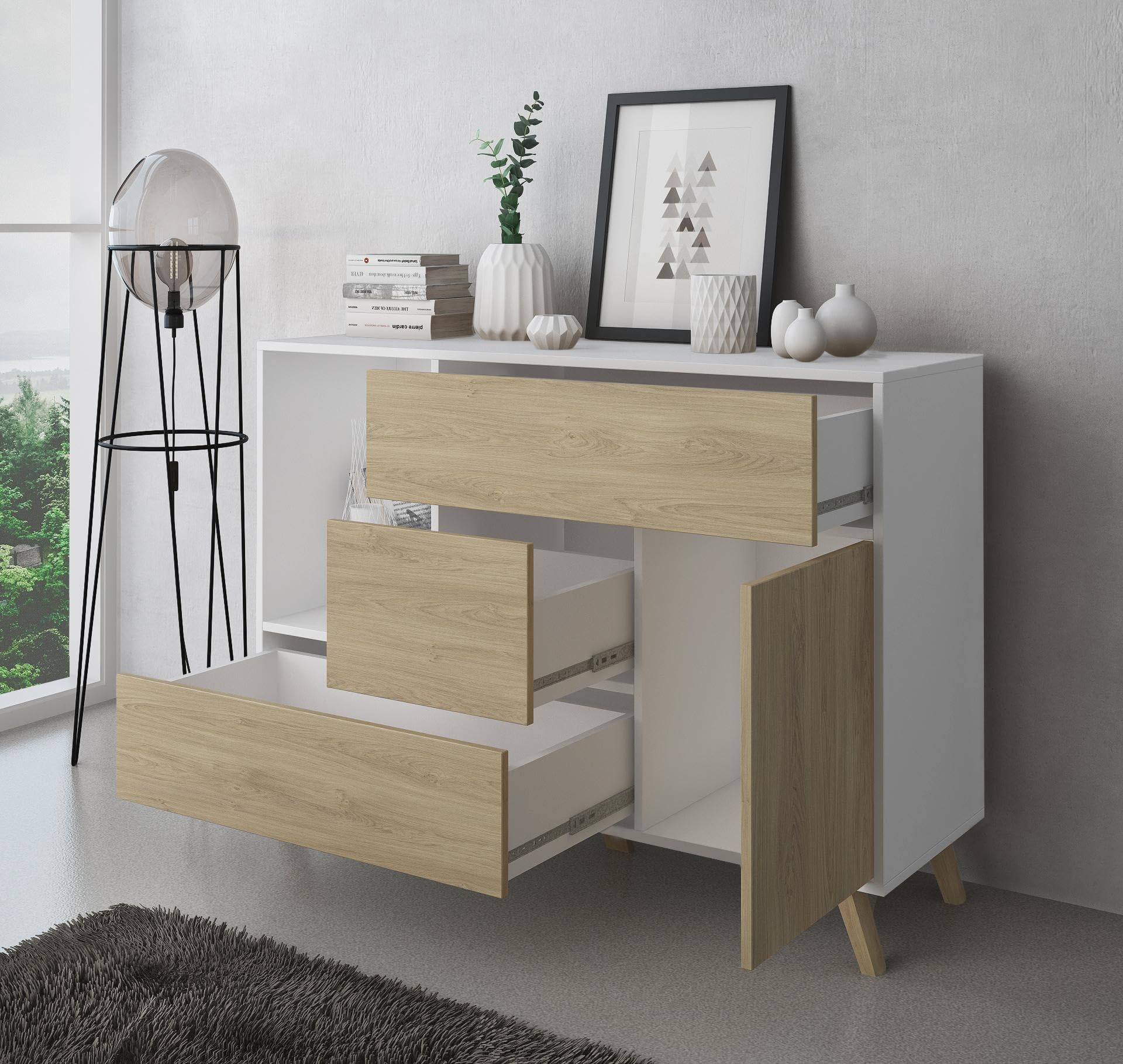 Skraut Home | Ensemble Buffet + Meuble TV + Table Basse pour Salon | Modèle Wind | Ensemble Salle à Manger | Structure Résistante | Montage Facile | Finition Blanc/Puccini