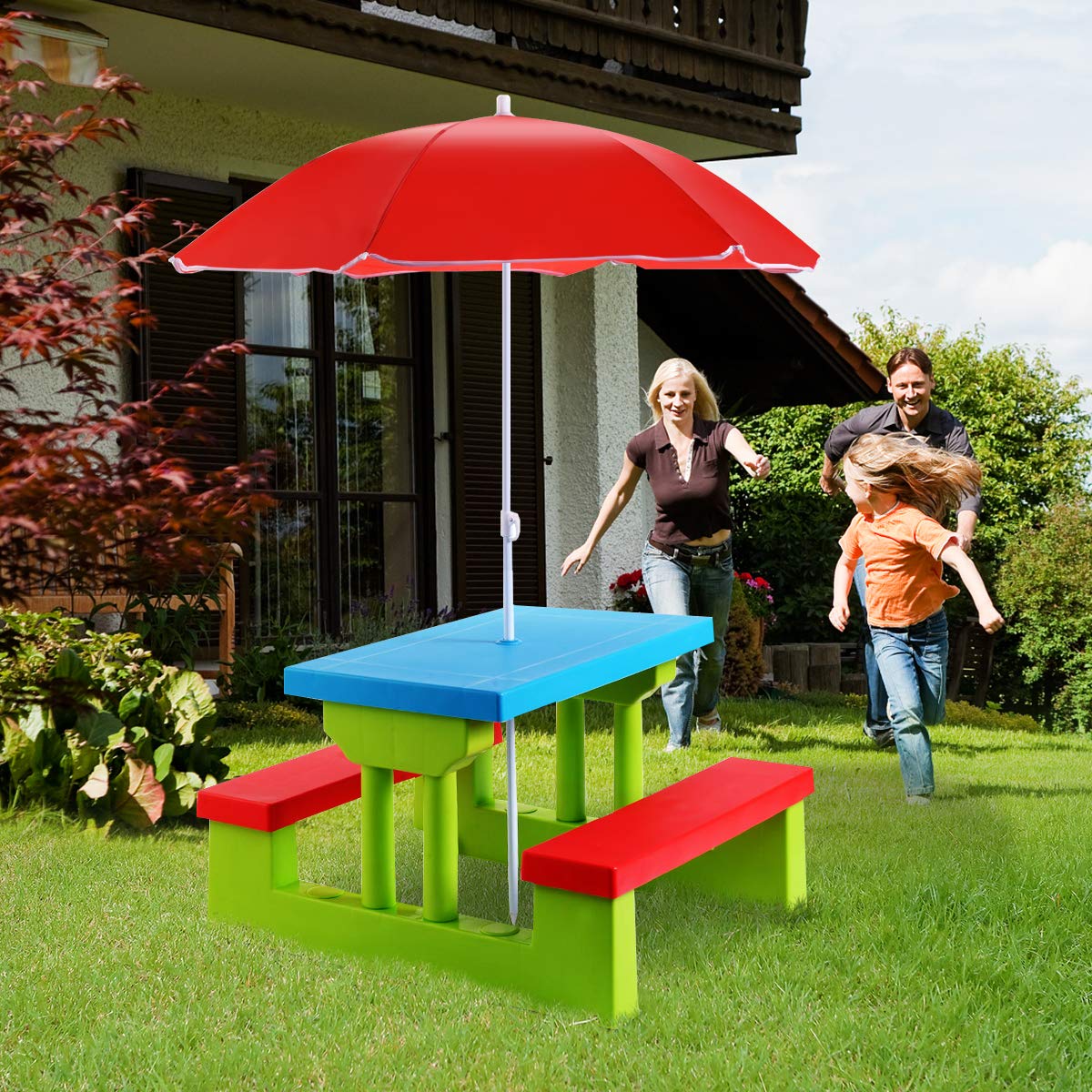 RELAX4LIFE Sitzgruppe Kinder, Sitzgarnitur Outdoor, Kindermöbel mit Sonnenschirm, Kindertisch Inkl. 2 Bänke, Picknickbank PP Wetterfest, Einfacher Auf- und Abbau, für bis 4 Kinder (Grün)