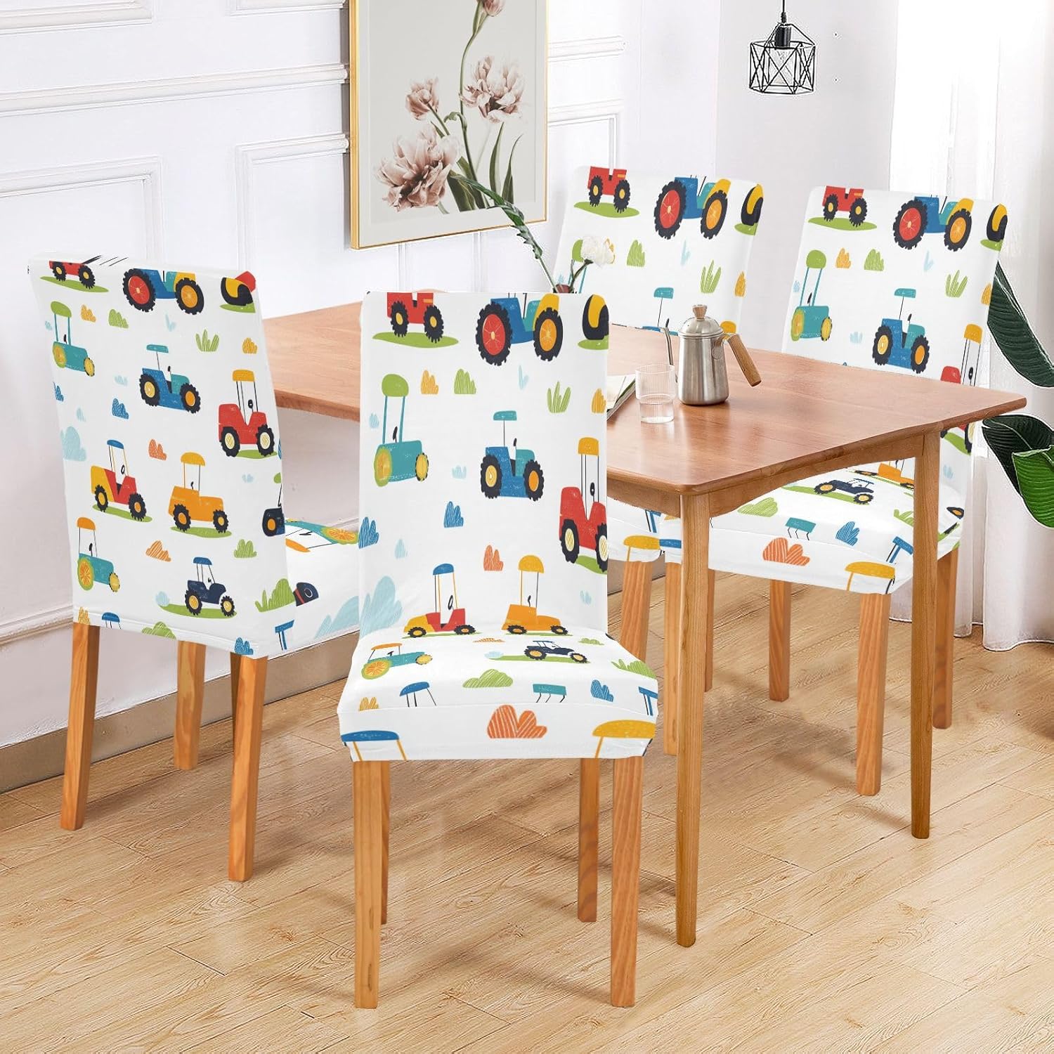 ALAZA Chair Covers for Dining Room, Colorful Farm Tractors Cute Stretch Chair Cover Sets Chair Protector Removable Washable for Ktichen Restaurant Hotel