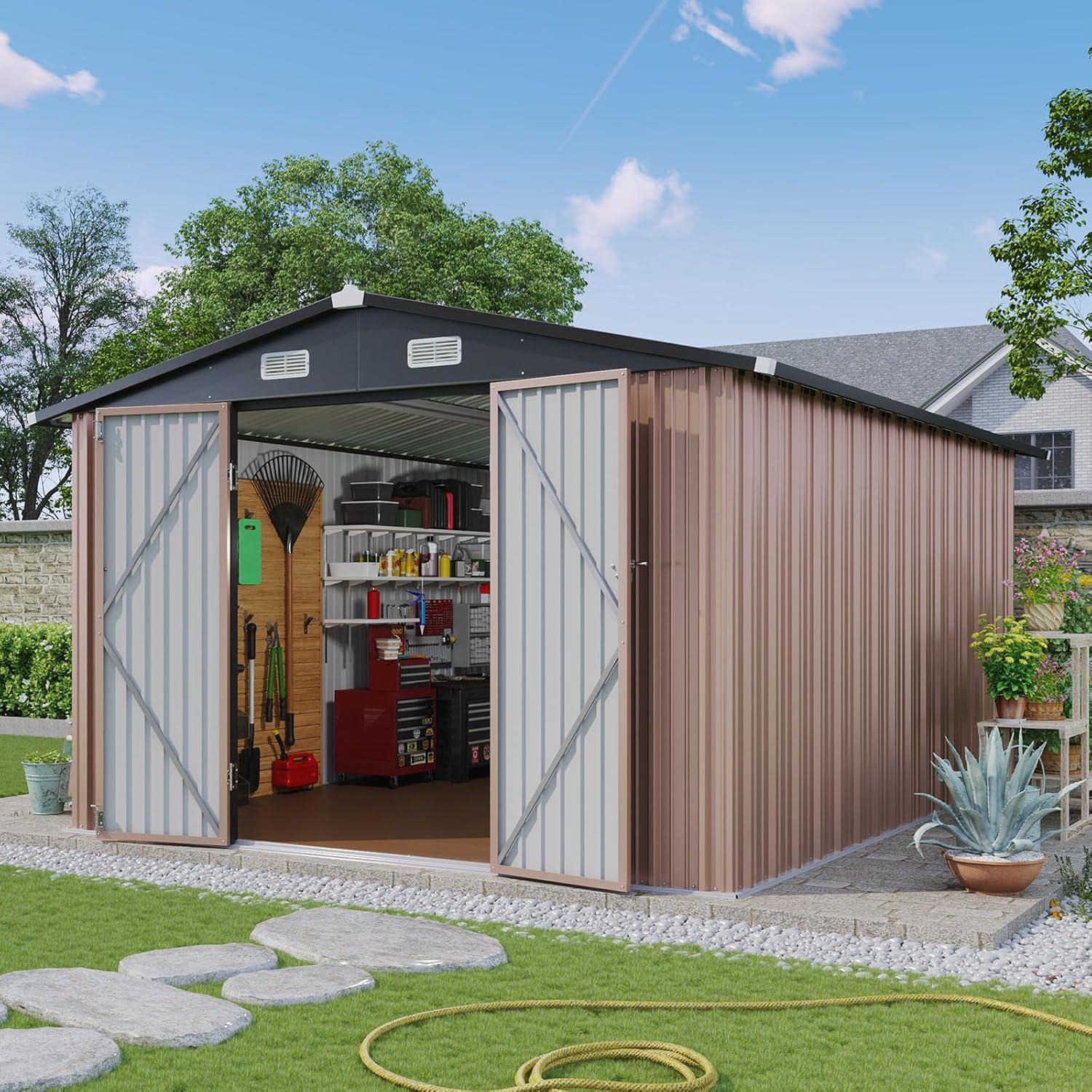 Interior view of the Aoxun shed showing various tools and equipment stored on shelves.