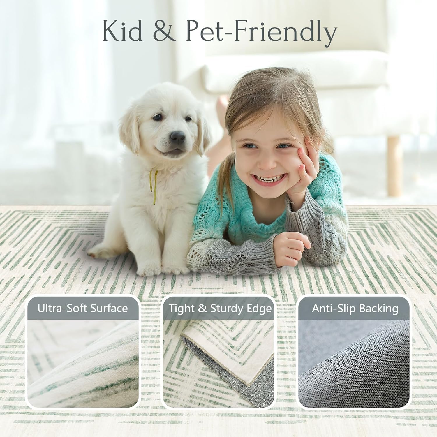 BLISSA Washable 5x7 Area Rugs - Soft Modern Throw Rug for Living Room Non-Slip Ultra-Thin Sage Green Lines Borderd Abstract Carpet for Bedroom Dining Room Rugs for Under Table Nursery Home Decor - Image 2