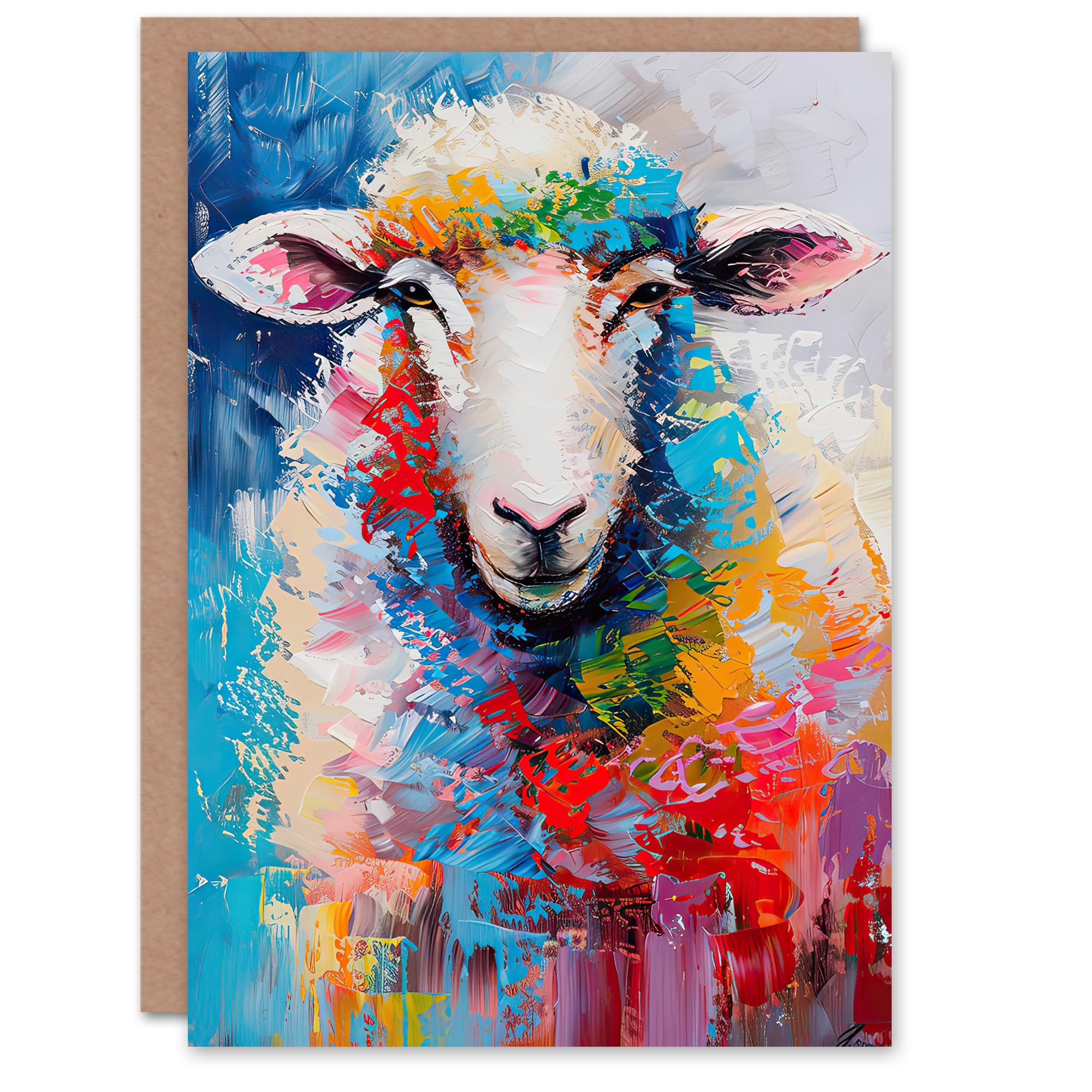 Artery8 Greeting Card Colourful Sheep Fun Animal Portrait Oil Painting Blank For Him Or Her Art Birthday Card