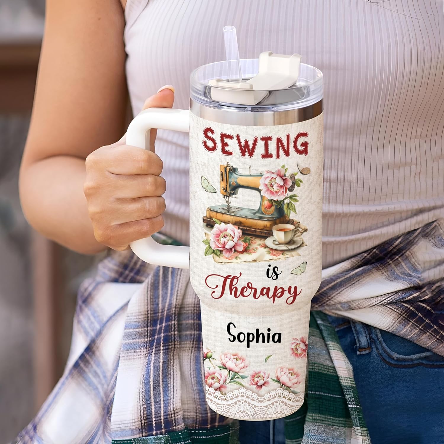Hyturtle Personalized Sewing Tumbler - Sewing Gifts For Sewing Lovers - Sewing Quilting Gift For Women - Gift For Sewers Inspiration - Birthday - Custom Name Travel Coffee Cup 40oz With Lid And Straw