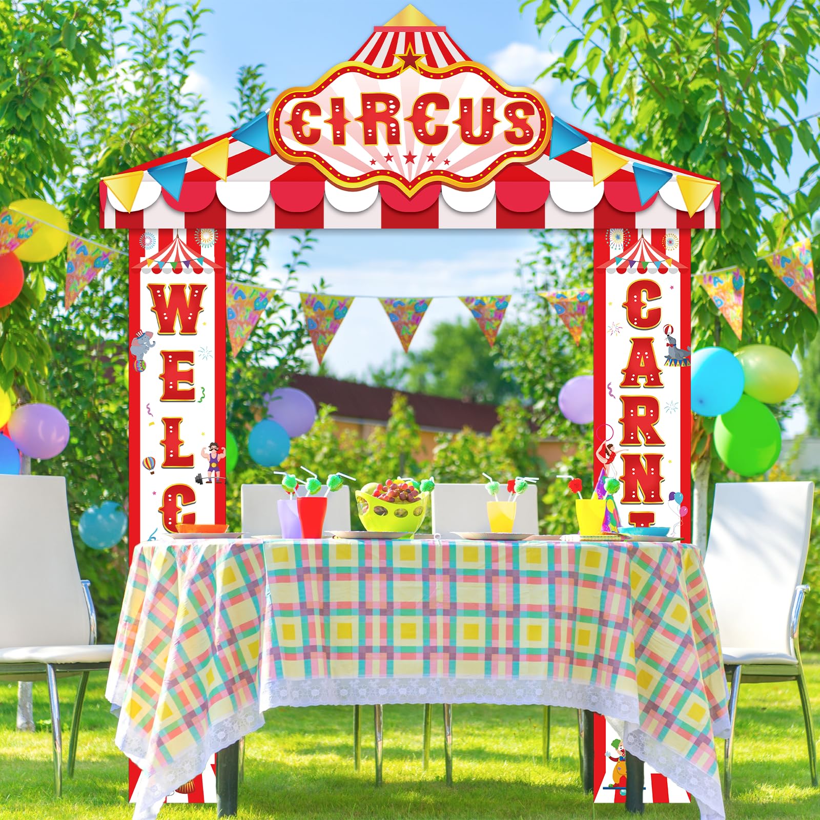 4 pancartas de fiesta de carnaval, decoración de fiesta de circo, decoración de tienda de campaña, toldo de rayas rojas y blancas, pancarta colgante de bienvenida, carnaval, decoración de fiesta para