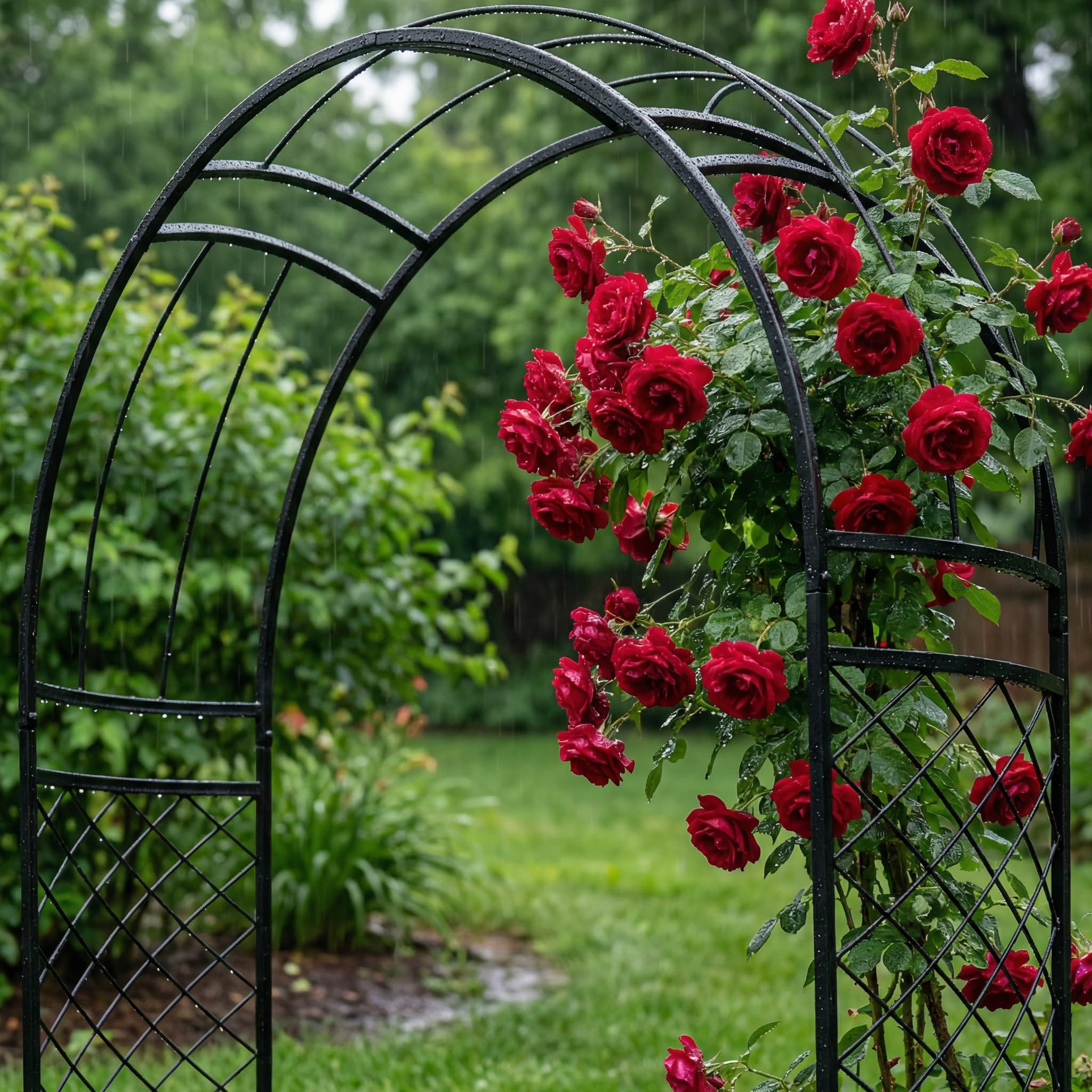 Condition photo showing New/Like New for scendor metal garden arch with lattice side panels 88.6" h x 50.8" w– heavy-duty arbor for climbing roses, vines, and outdoor patio, lawn, backyard, wedding decor (black)