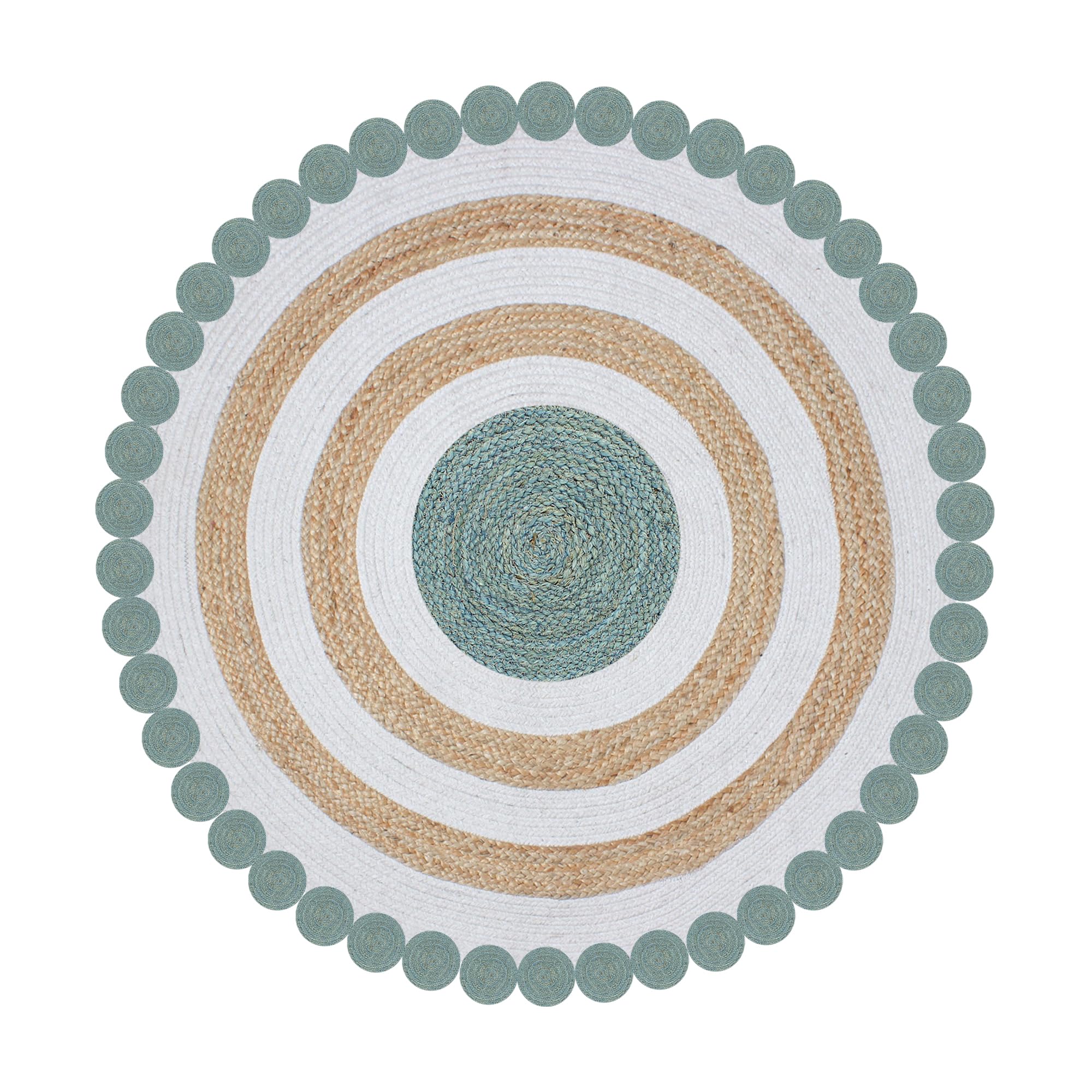 Alfombra redonda de yute natural hecha a mano, color beige y turquesa, diseño de rayas, ideal para zonas de alto tráfico en el dormitorio principal, comedor, sala de estar, pasillo, alfombra redonda