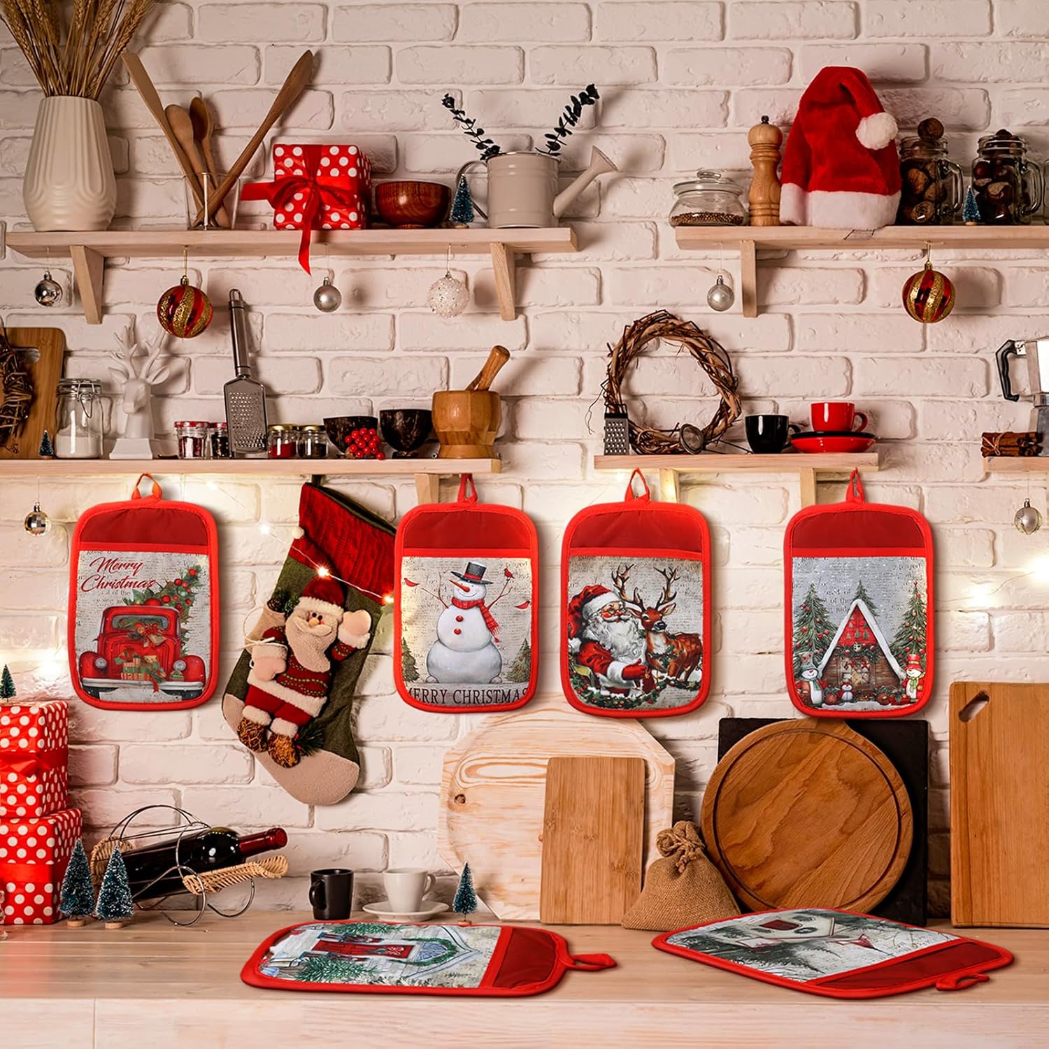 Jingmore 12 Pcs Christmas Pot Holders with Pocket Xmas Retro Pot Holders for Kitchen Winter Hot Pads Oven Mitts Cookie Bag Cute Heat Resistant Farmhouse Oven Gloves Baking Cooking