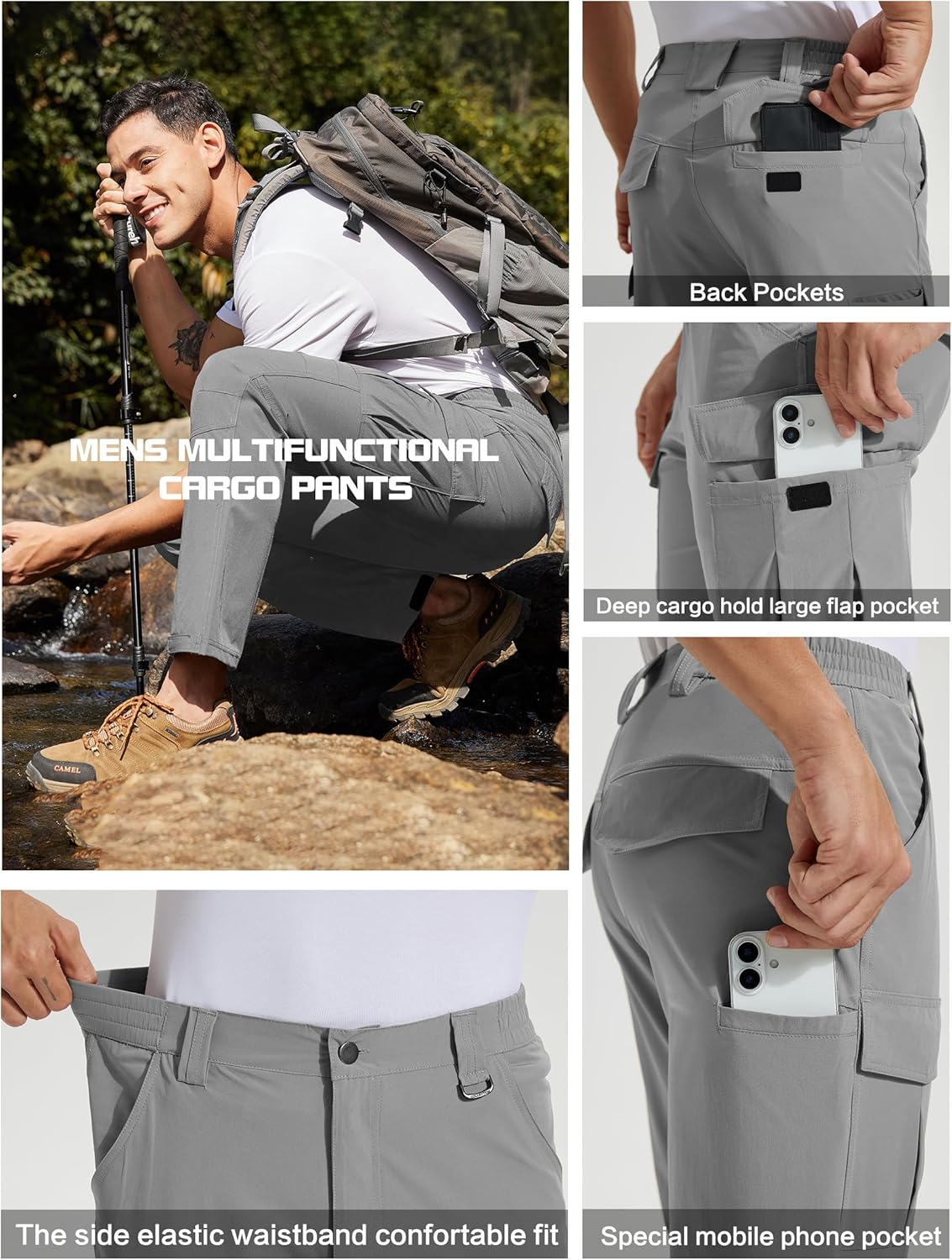 Men's Lightweight Hiking Cargo Pants Water-Resistant Quick-Dry Climbing Camping Fishing Work Outdoor Pants