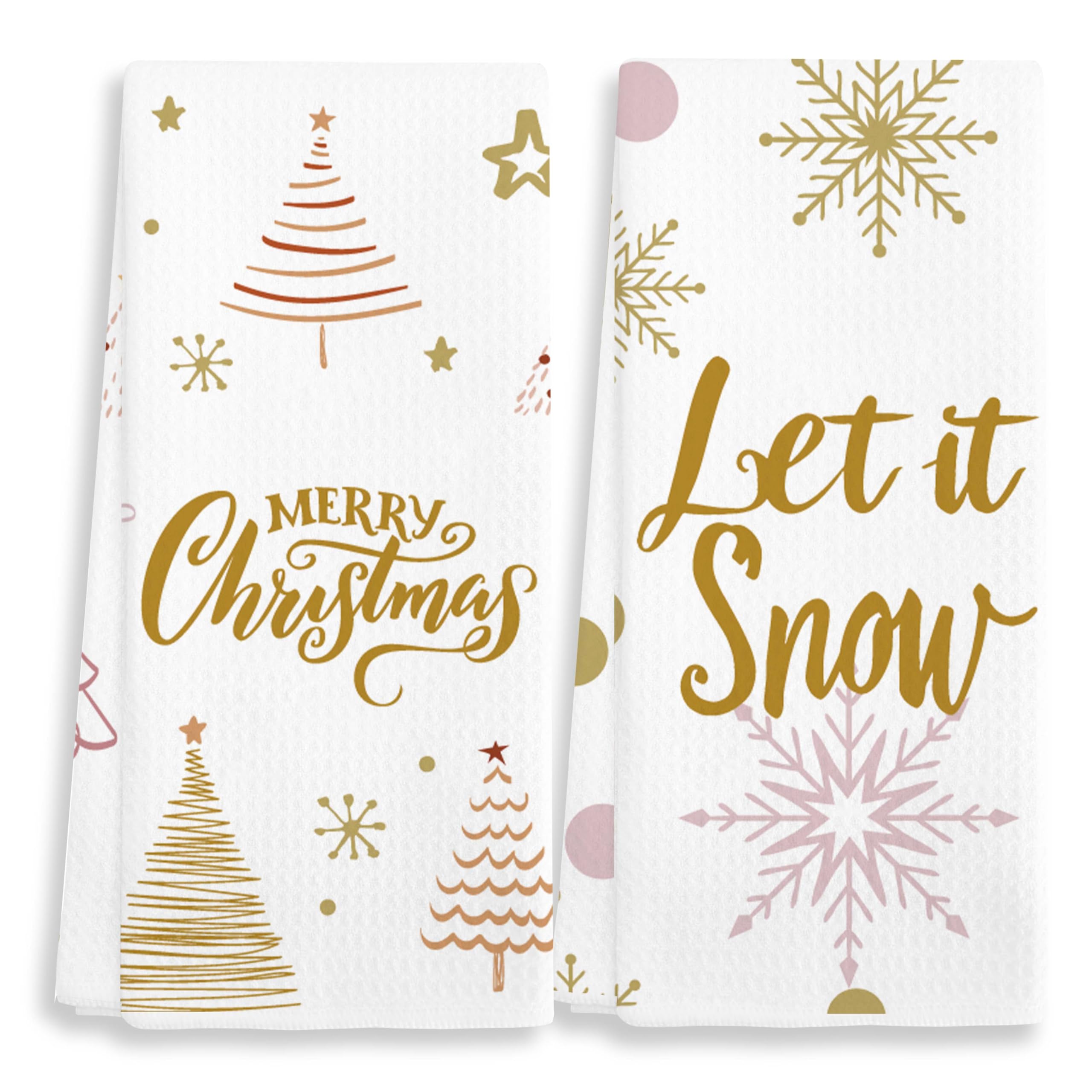 EJGFS Christmas Decorative Kitchen Towels Set of 2, ‘Merry Christmas’‘Let It Snow’ Dish Towels, Christmas Ornaments, Hand Towels, Winter Decor, 16x24 Inches, for Family, Friends, etc.(038)