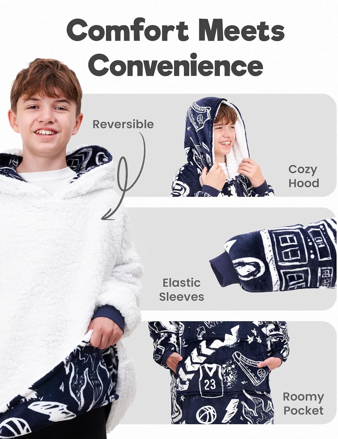 Sports Blanket Hoodie Men & Kids, Oversized Wearable Blanket Kids, Teens, Adults, Soccer & Basketball Hoodie Blanket for Boys - Image 4