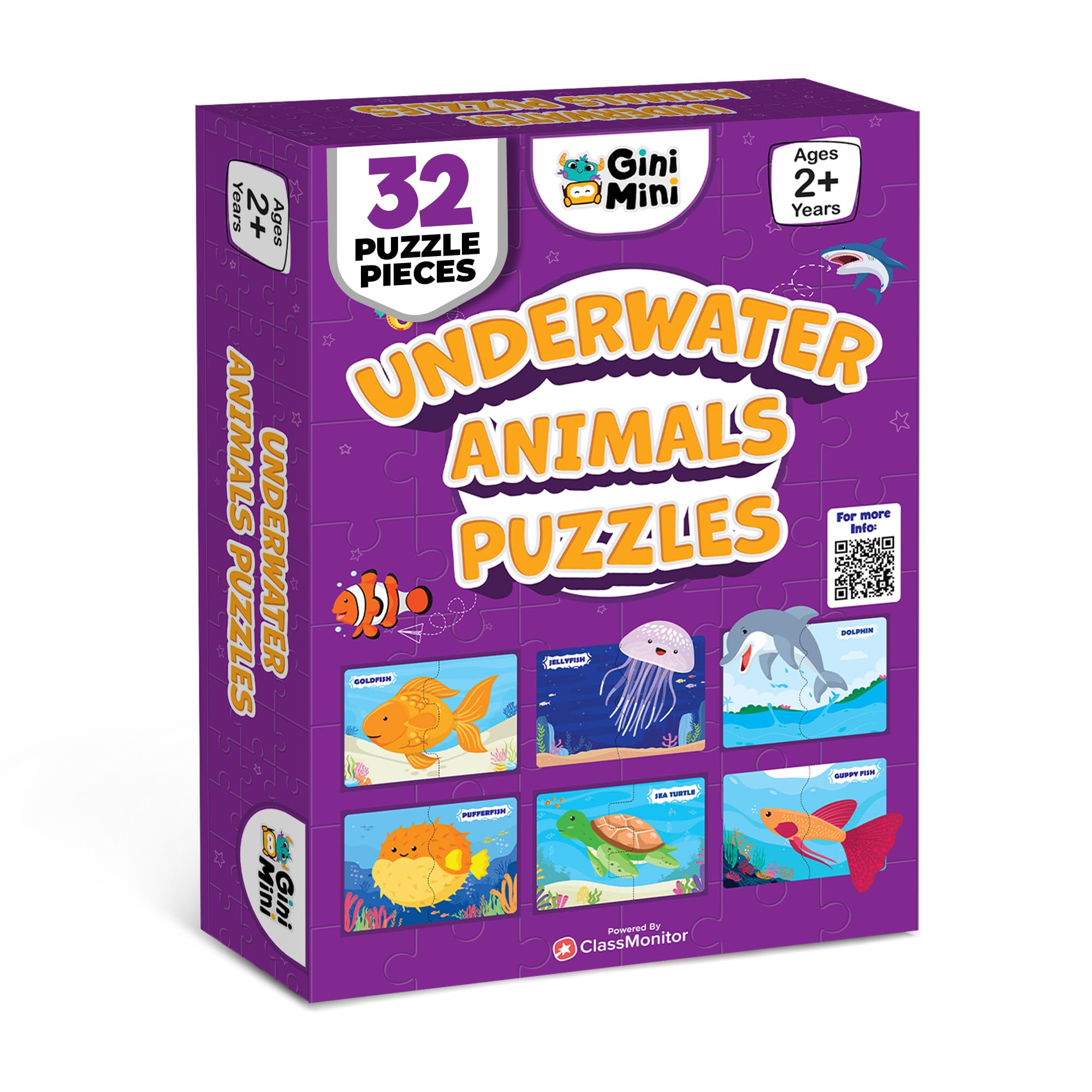 GiniMini Underwater Animals 2-Piece Puzzle with 16 Puzzles (32 Puzzle Pieces) for toddlers and preschoolers, Excellent tool For Motor Skills, Logical Thinking & Learn underwater Creatures(ages 2-5)