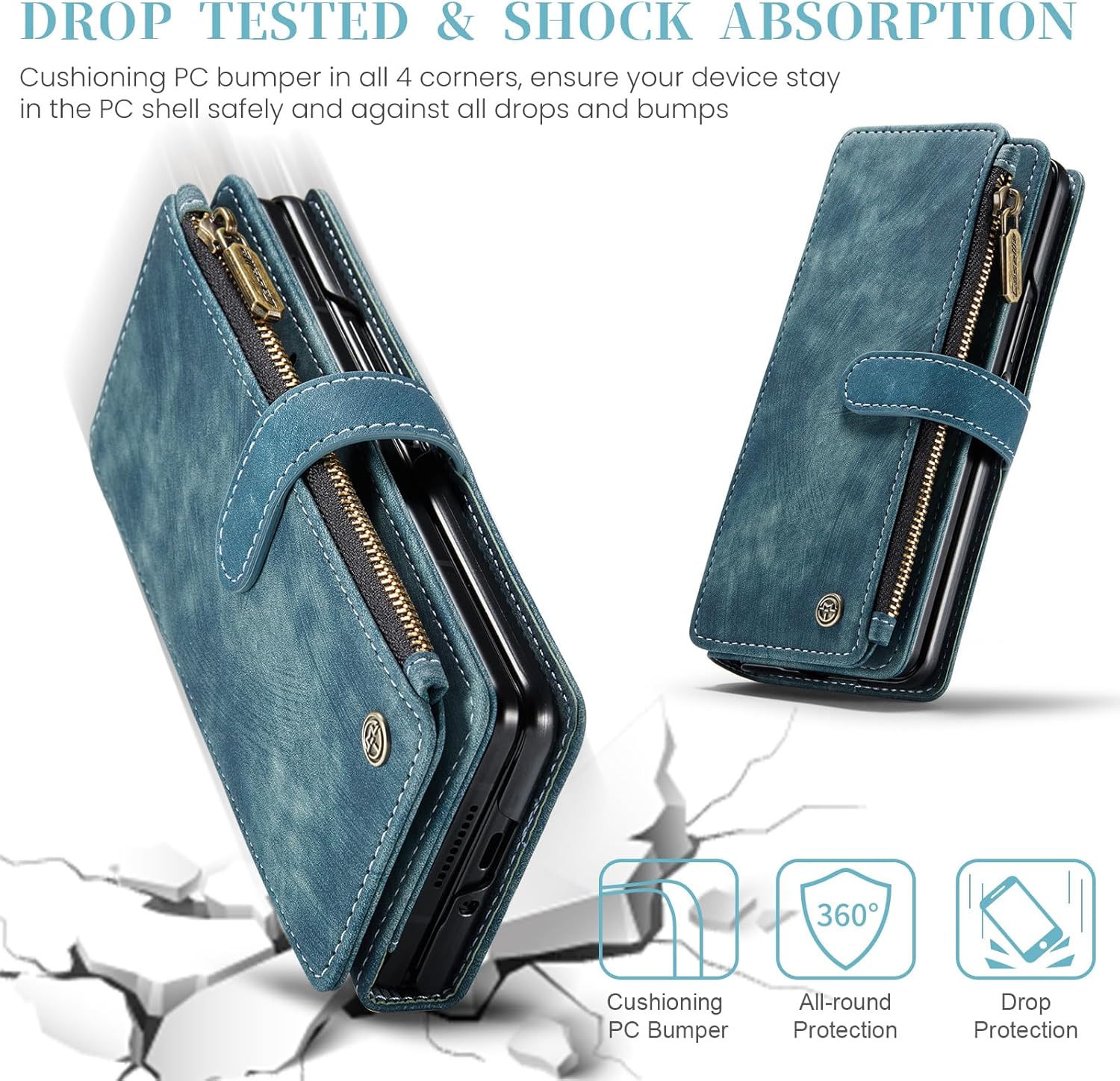 UEEBAI Wallet Case for Samsung Galaxy Z Fold 6 5G, Premium Handmade PU Leather Phone Case Card Slots Cover Magnetic Closure Zipper Pocket Kickstand Flip Case with Hand Strap - Vintage Blue