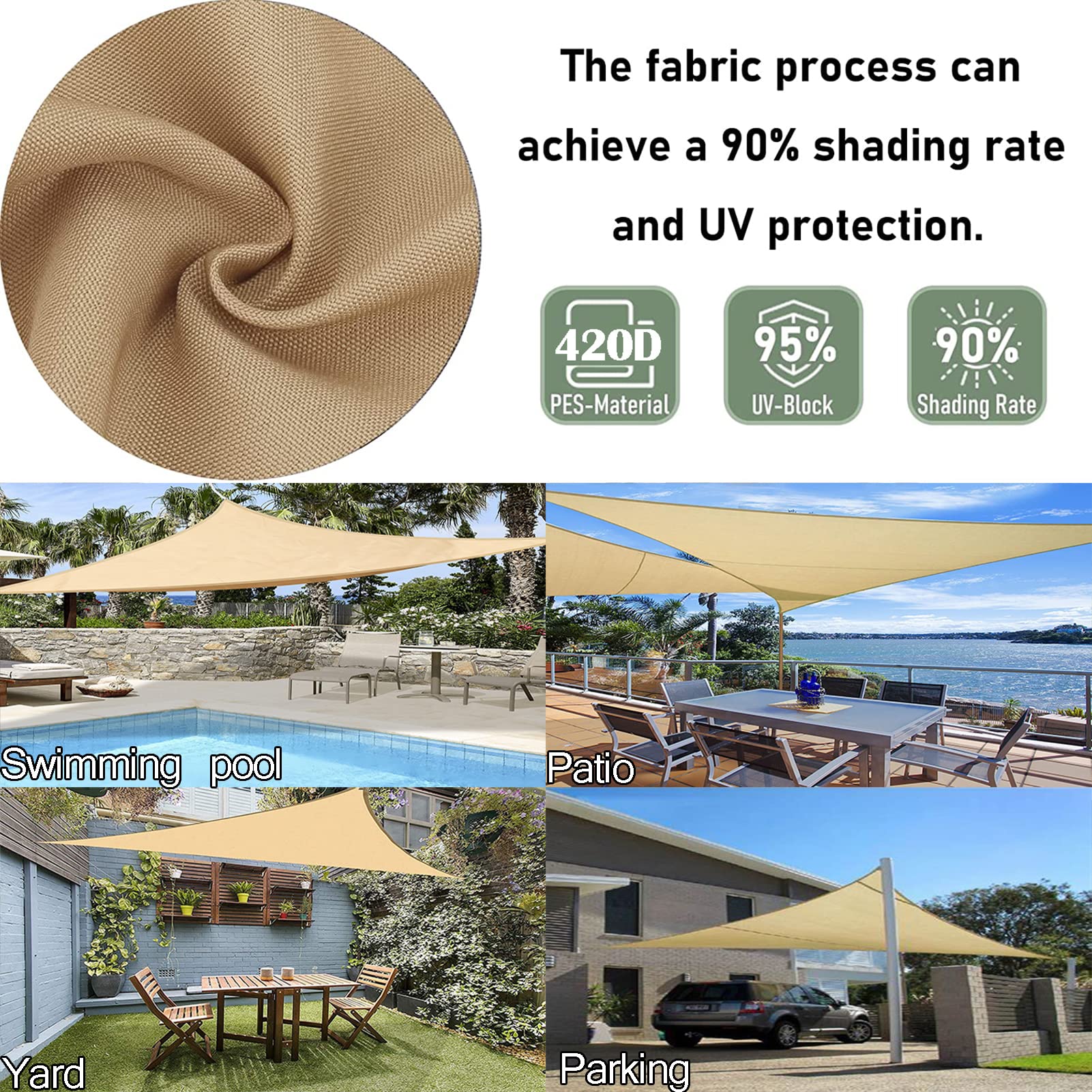 ZHANGY Sonnensegel Wasserdicht Dreieckig Terrasse Schattensegel 5x5x5m/16.4x16.4x16.4ft, Wasserabweisend Sonnenschutz Windschutz Multifunktional Atmungsaktiv Sonnensegel Anti UV, für Garten